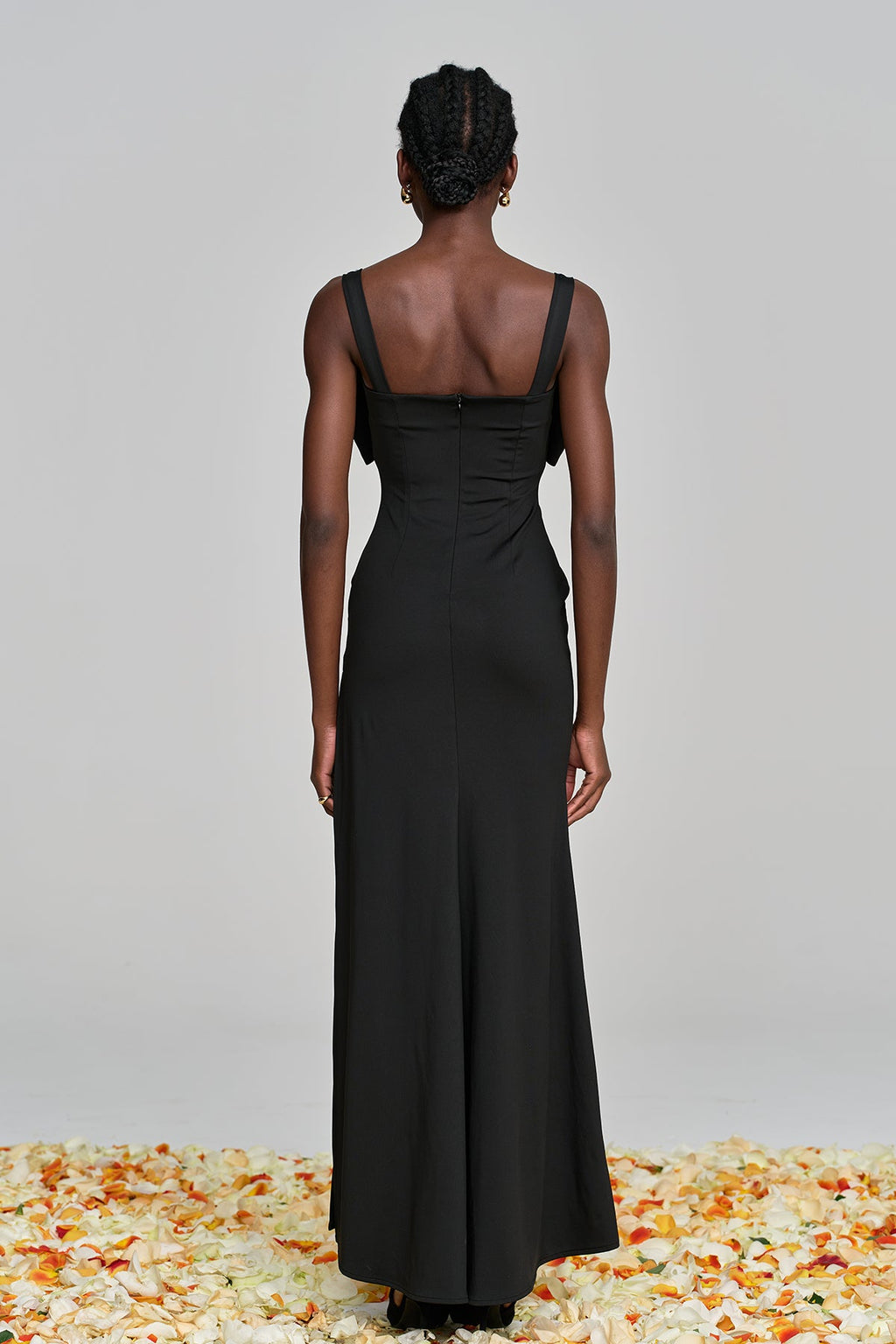 Almira Bow Lace Rhinestone Split Maxi Dress