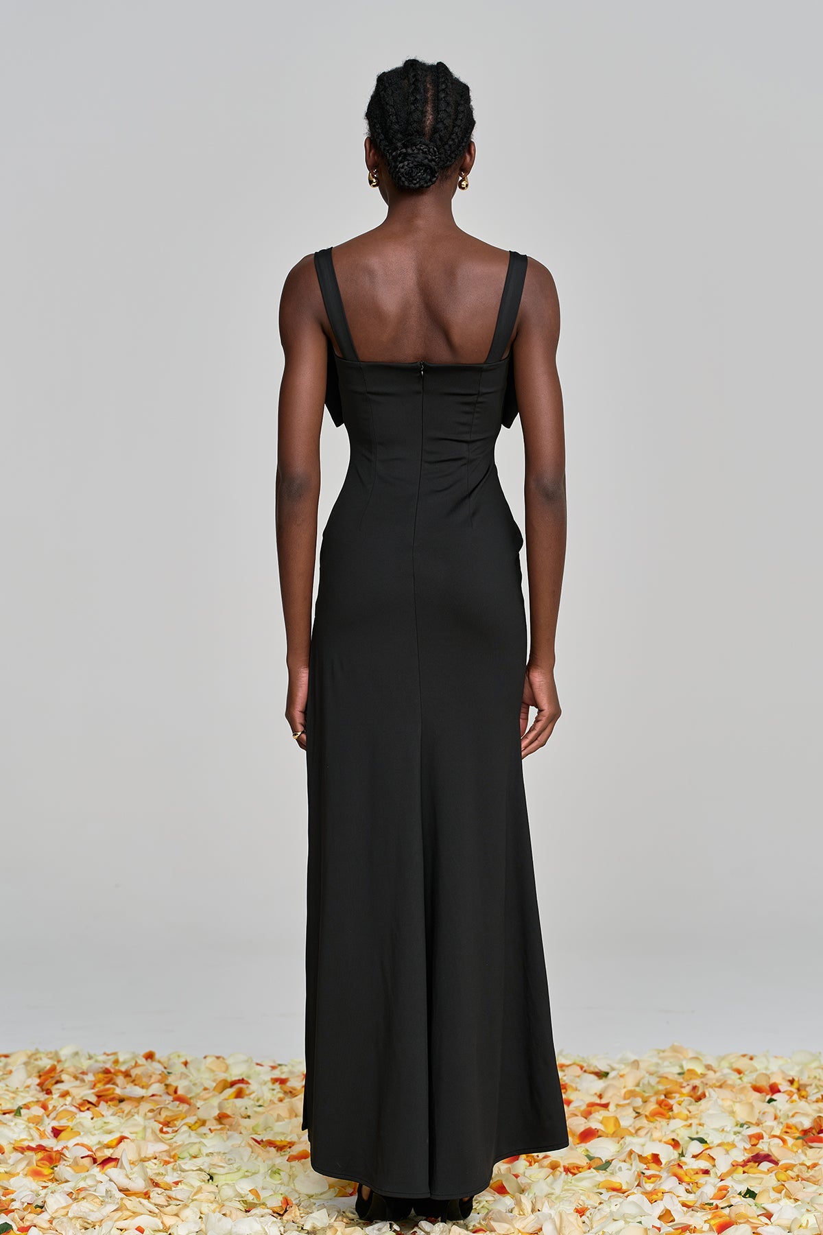 Almira Bow Lace Rhinestone Split Maxi Dress