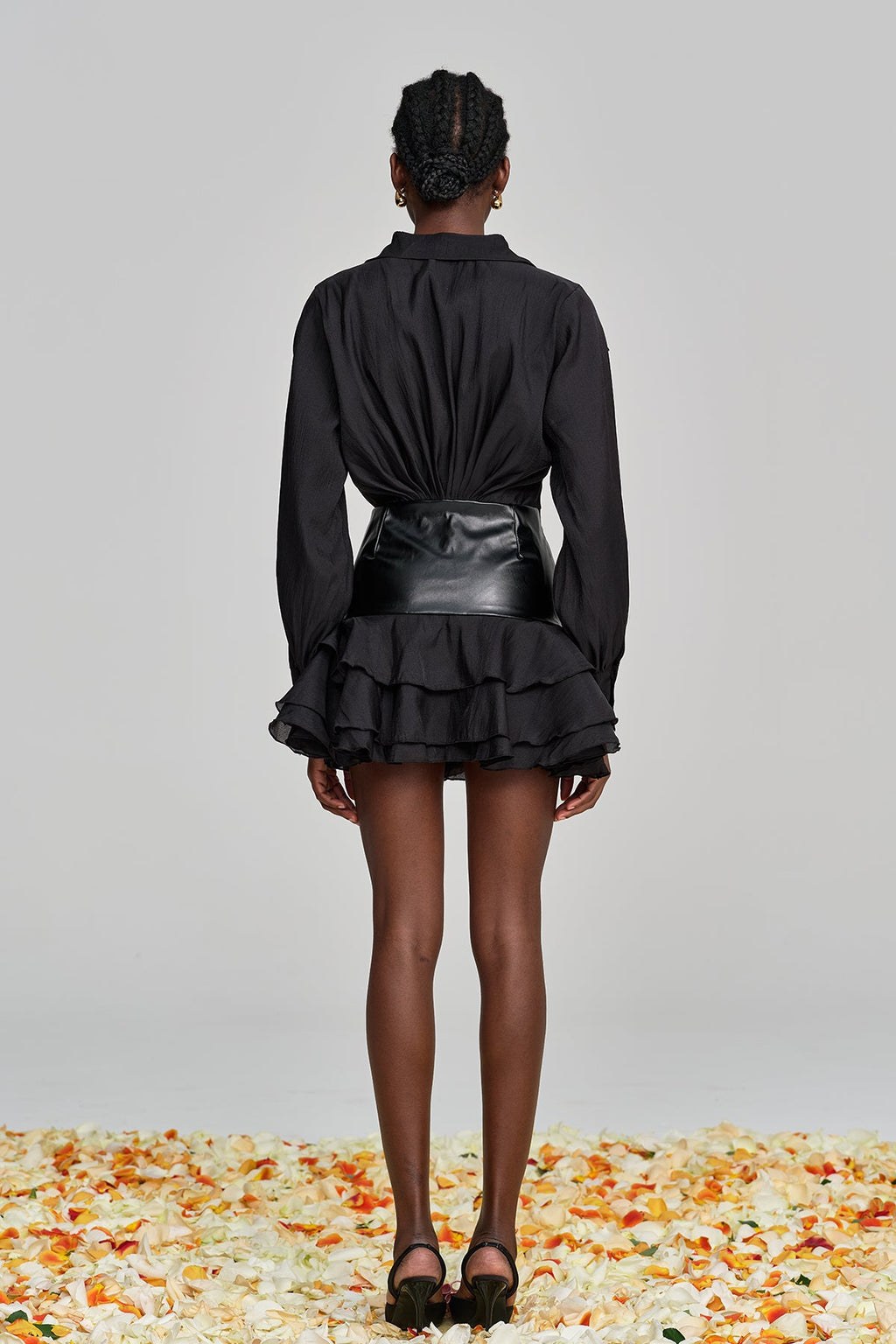 Alohilani Ruch Ruffle Leather Buckle Mesh Mini Dress