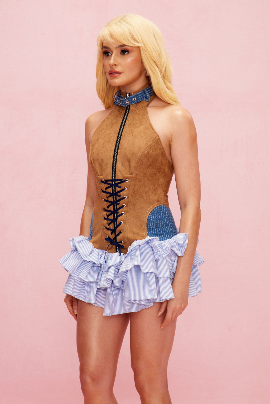 Alyce Deconstruct Lace Up Ruffle Mini Dress In Brown