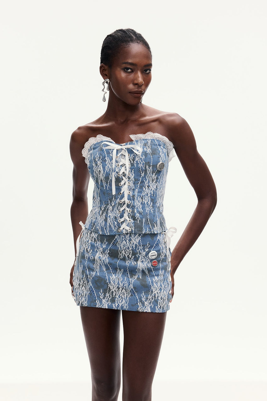 Amable Lace Lace Up Denim Skirt Set