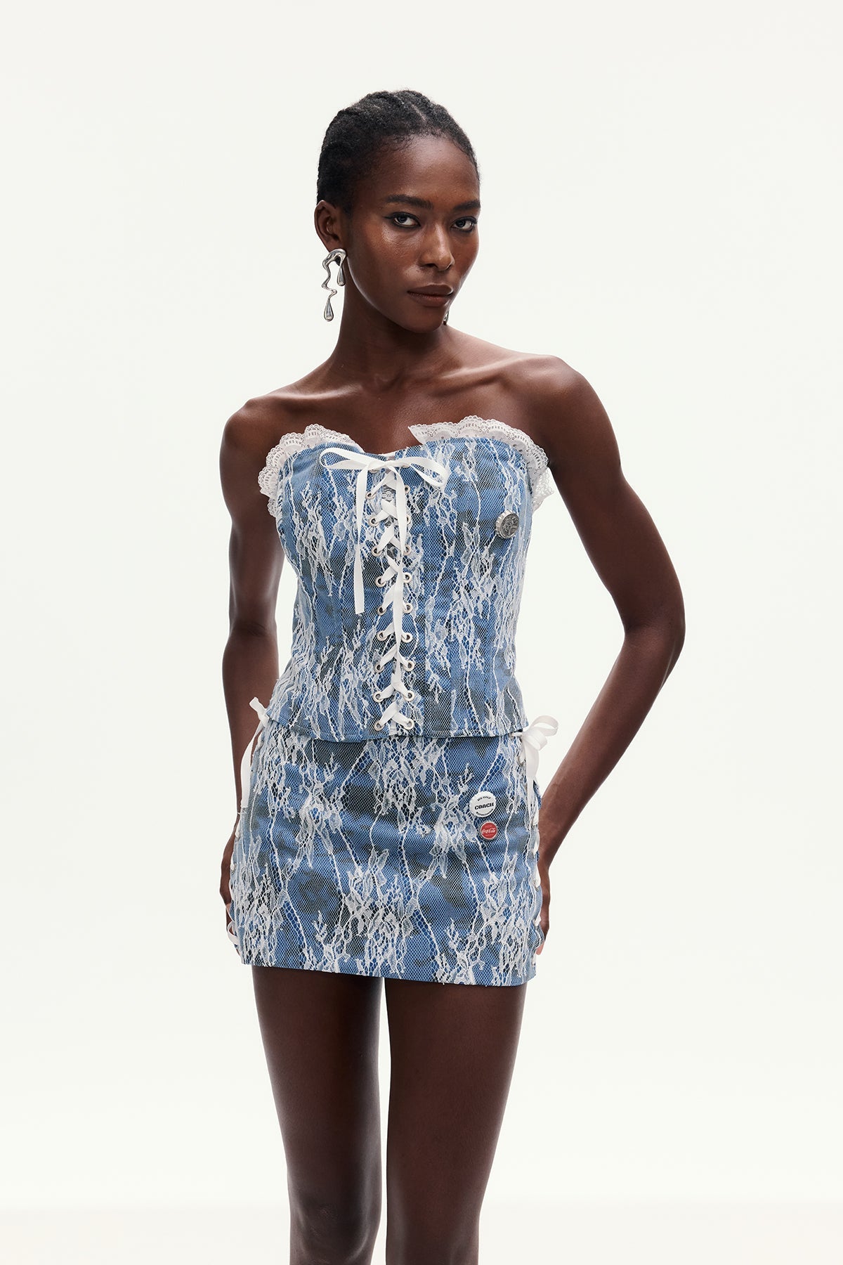 Amable Lace Lace Up Denim Skirt Set