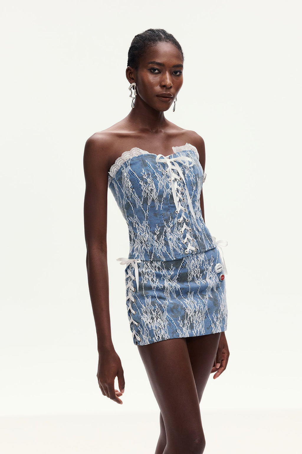 Amable Lace Lace Up Denim Skirt Set