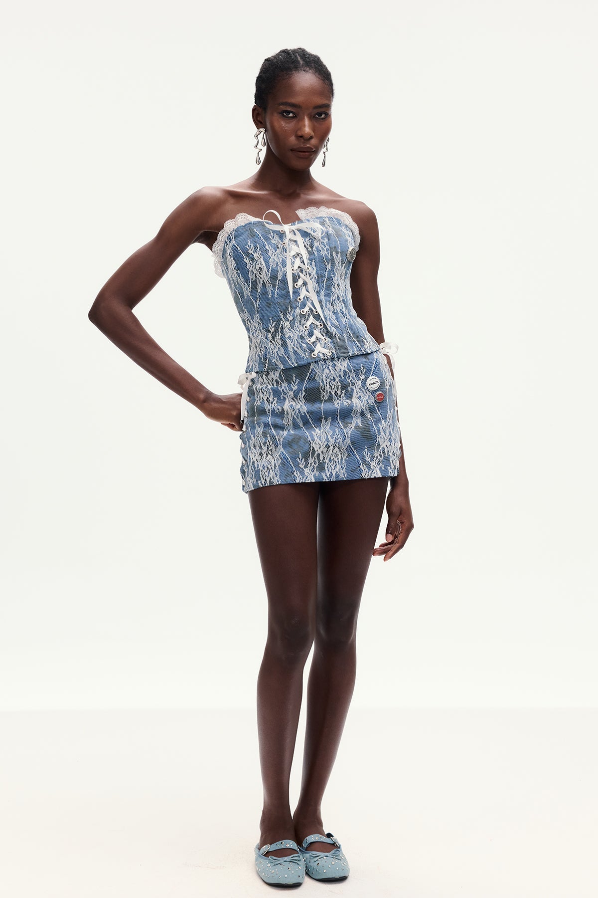 Amable Lace Lace Up Denim Skirt Set