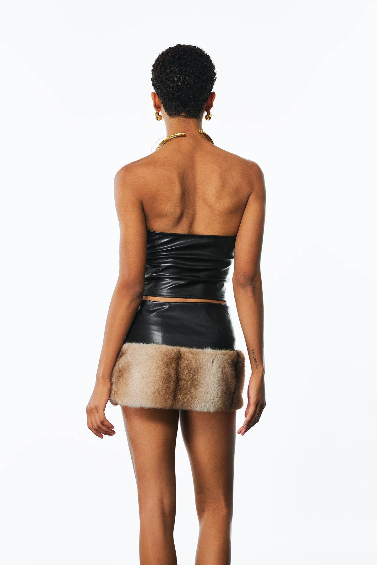 Amadeya Faux Fur Strapless Leather Skirt Set