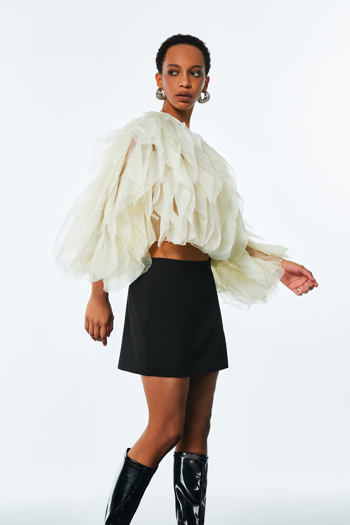 Amarine Mesh Ruffle Ruch Shirt In Apricot