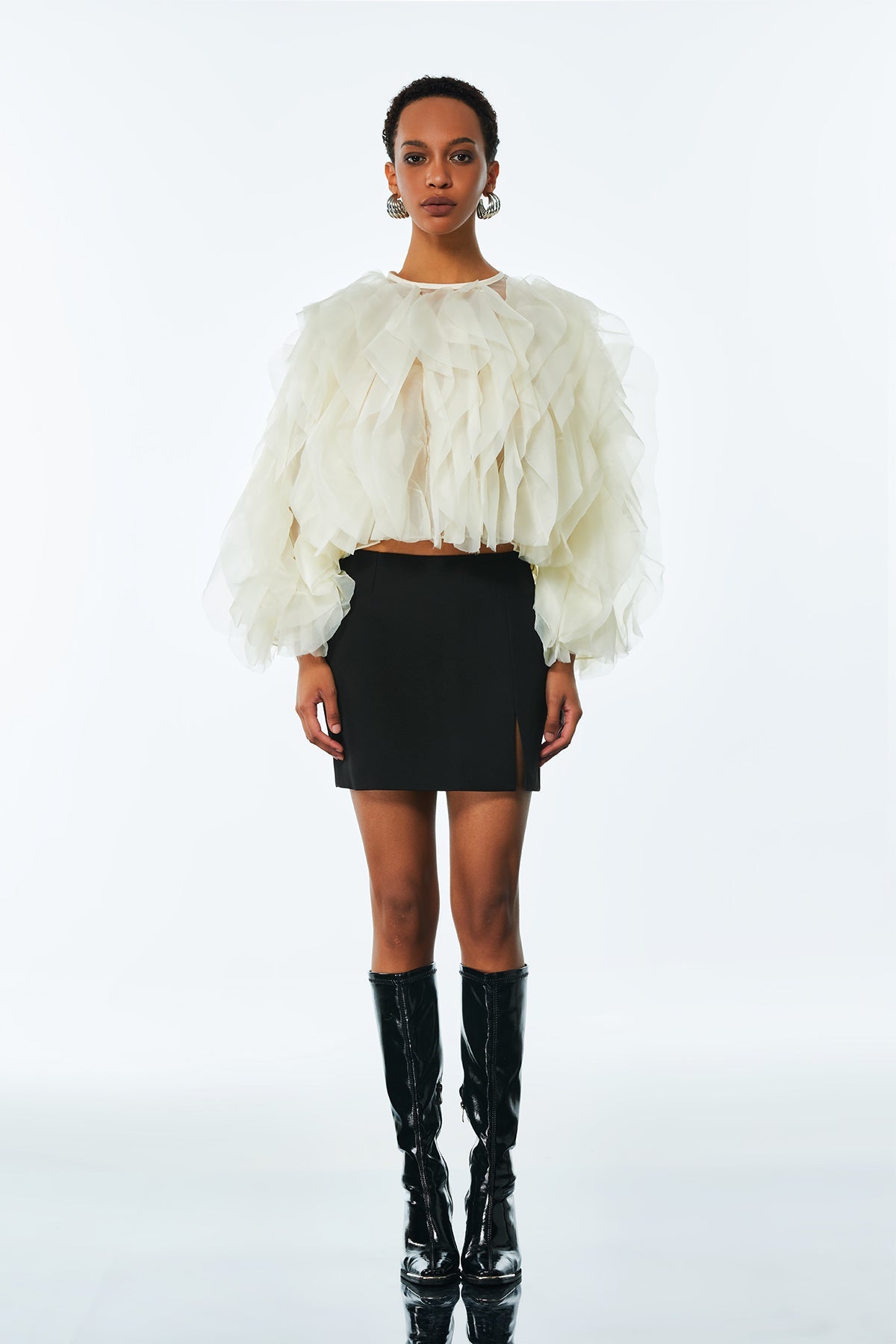 Amarine Mesh Ruffle Ruch Shirt In Apricot