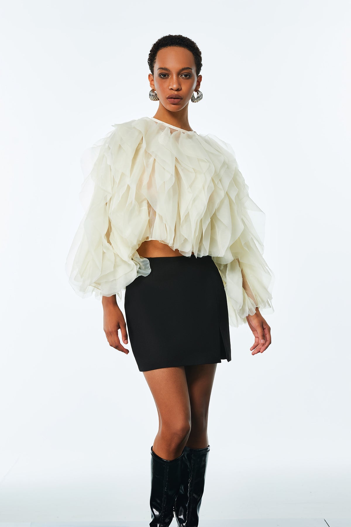 Amarine Mesh Ruffle Ruch Shirt In Apricot