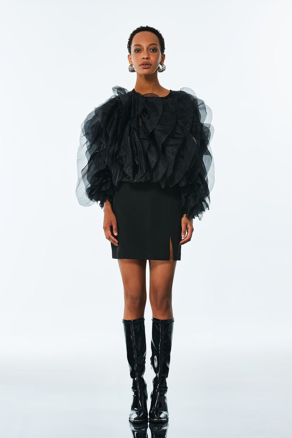 Amarine Mesh Ruffle Ruch Shirt In Black