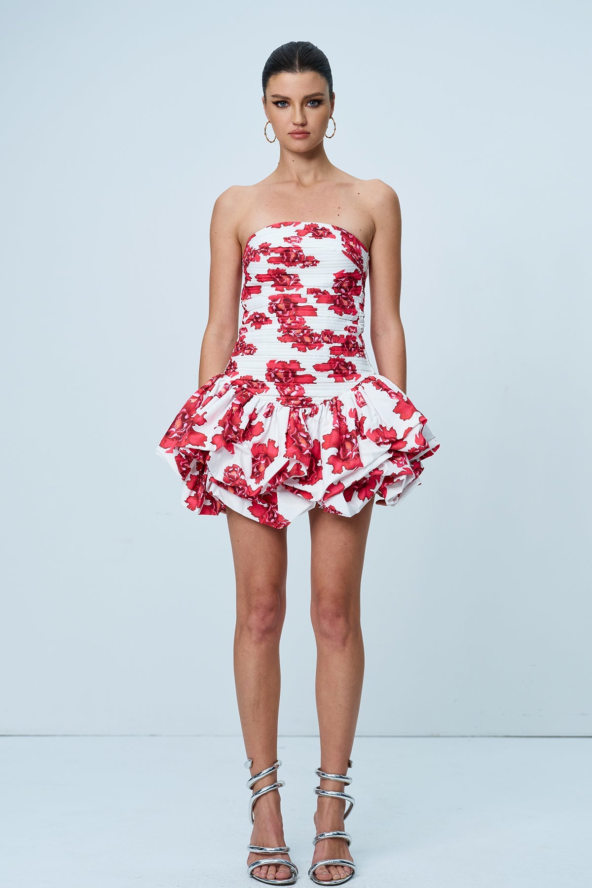 Americus Floral Ruch Strapless Mini Dress In Red