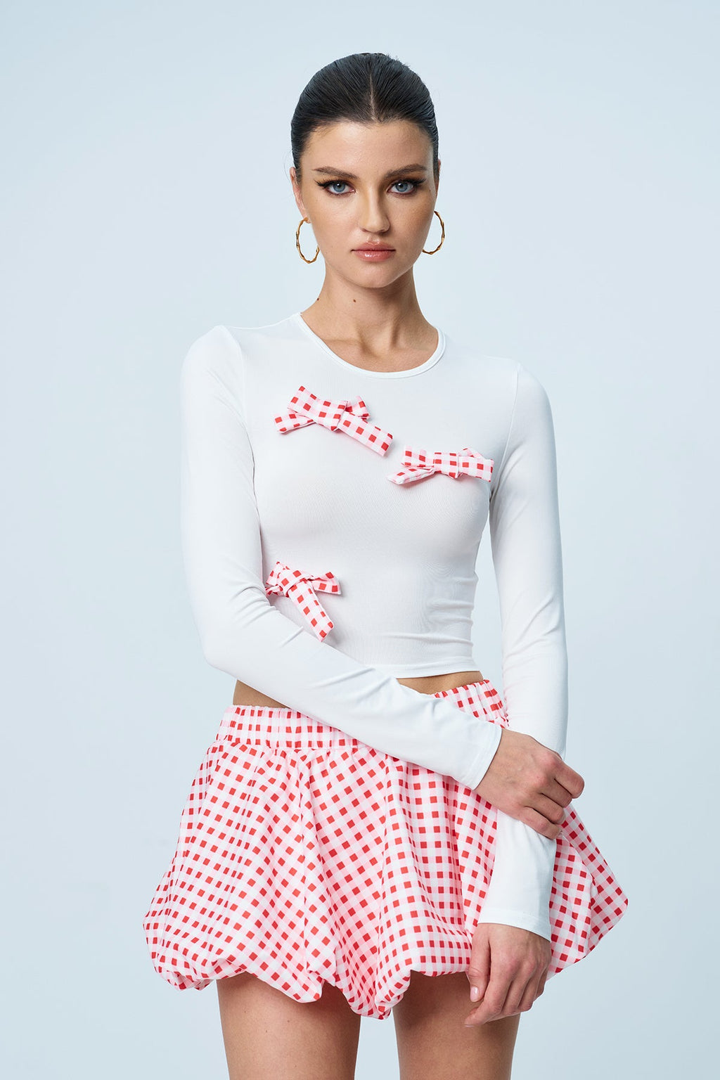 Amhlaoibh Grid Bow Ruffle Skirt Set In Red