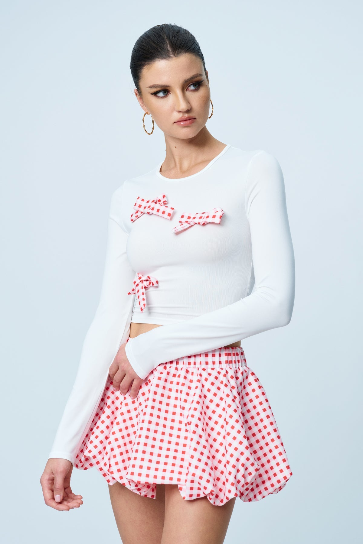 Amhlaoibh Grid Bow Ruffle Skirt Set In Red