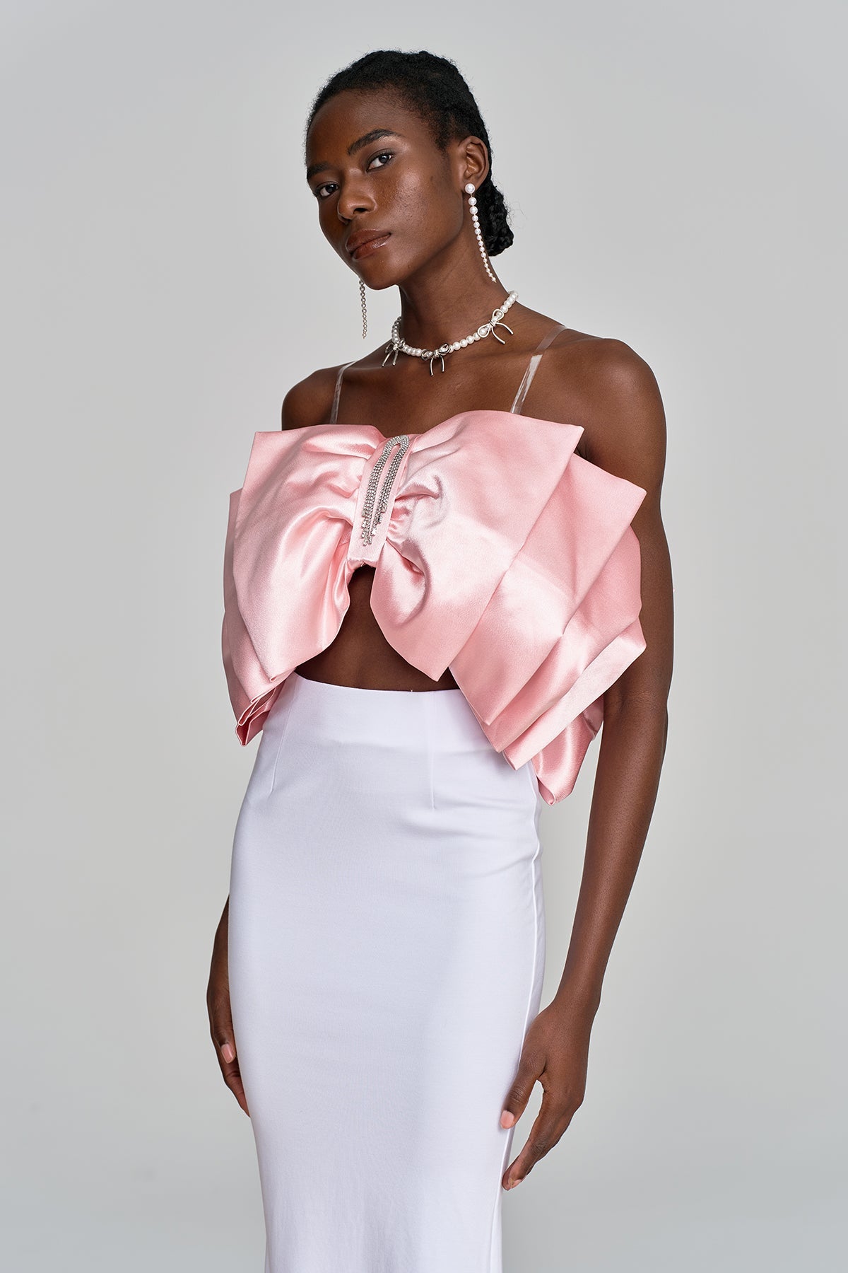 Amiaz Bow Rhinestone Satin Top