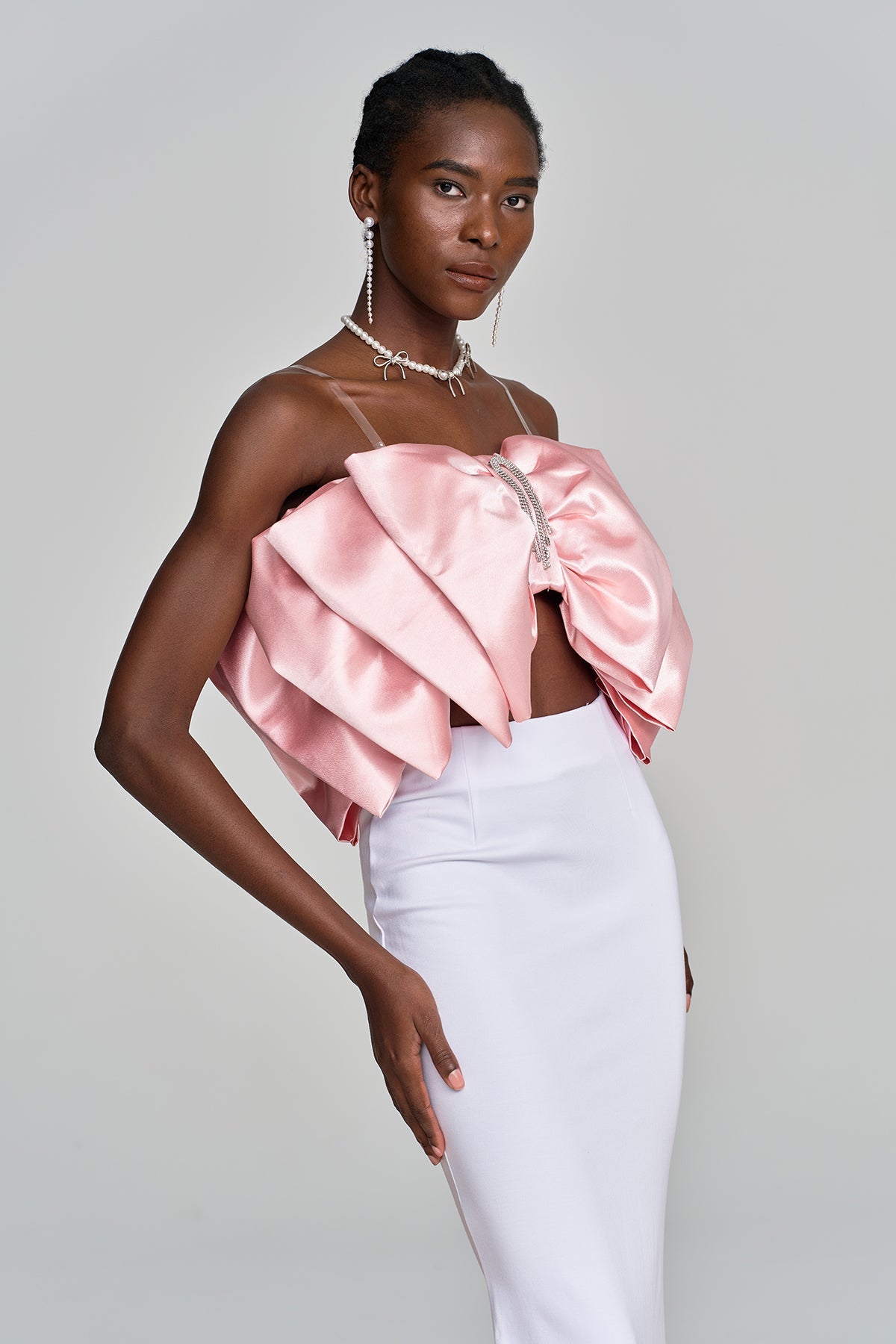 Amiaz Bow Rhinestone Satin Top