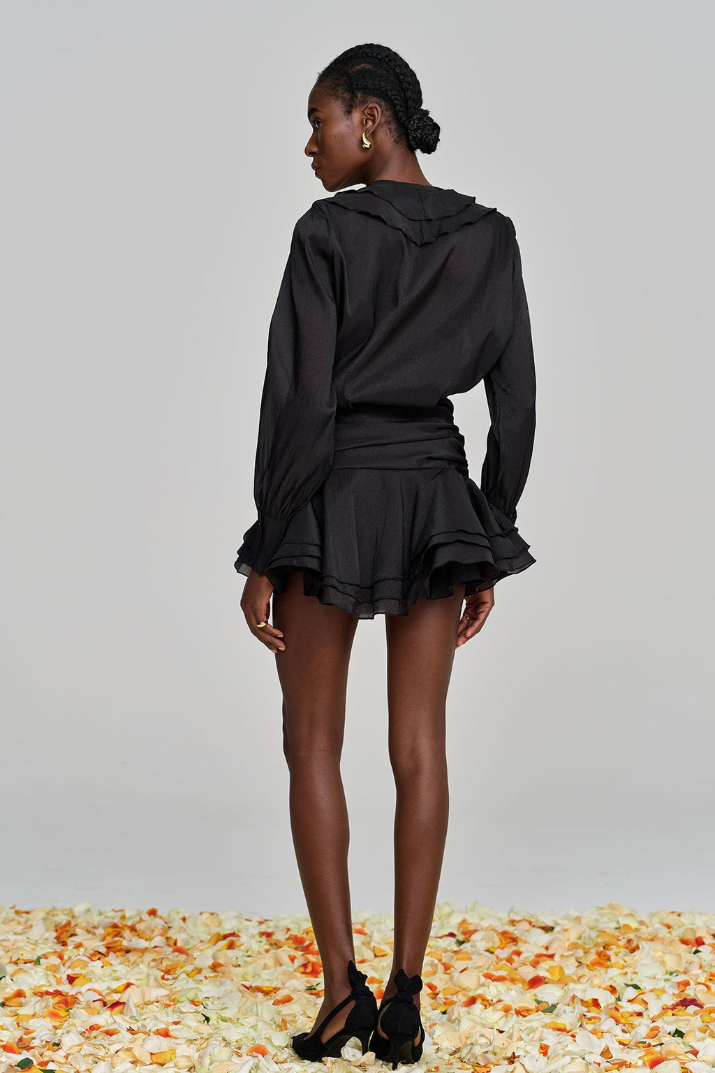 Amie Lace Up Flower Ruffle Skirt Set In Black