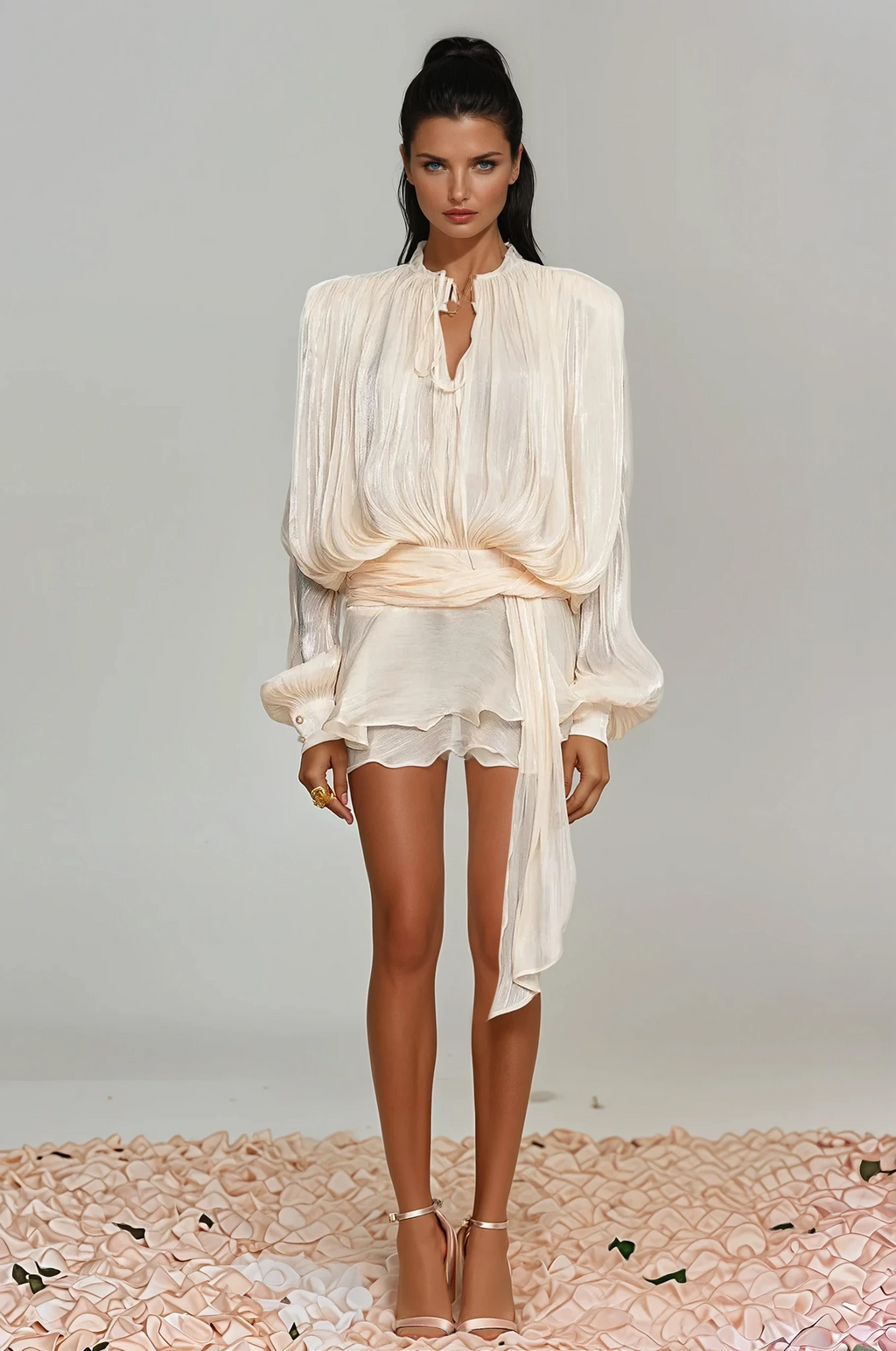 Aminah Balloon Sleeve Ruch Ruffle Mini Dress In Apricot