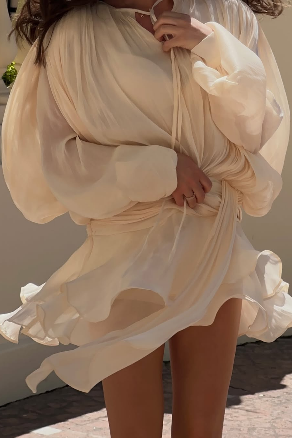 Aminah Balloon Sleeve Ruch Ruffle Mini Dress In Apricot