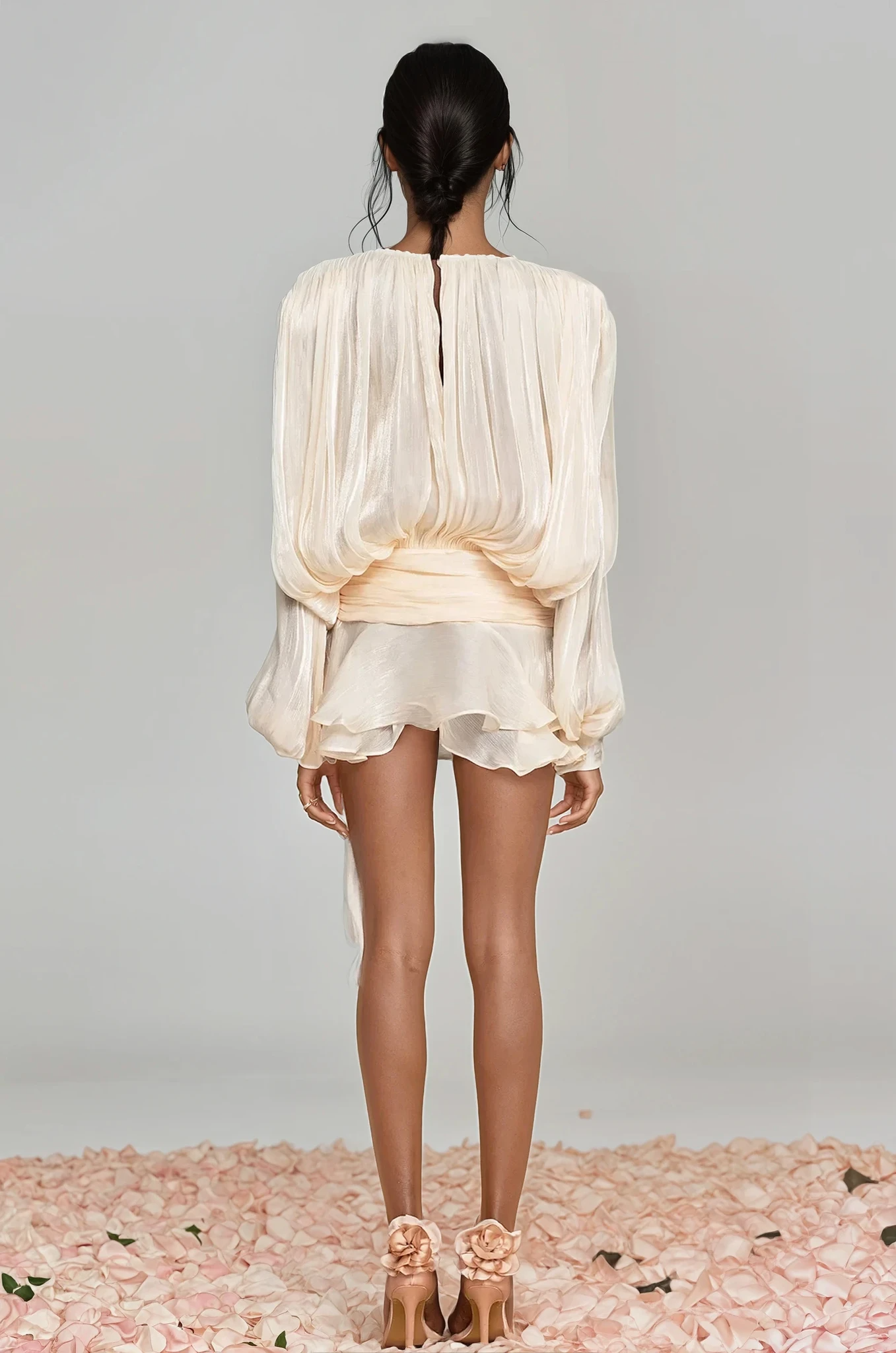 Aminah Balloon Sleeve Ruch Ruffle Mini Dress In Apricot