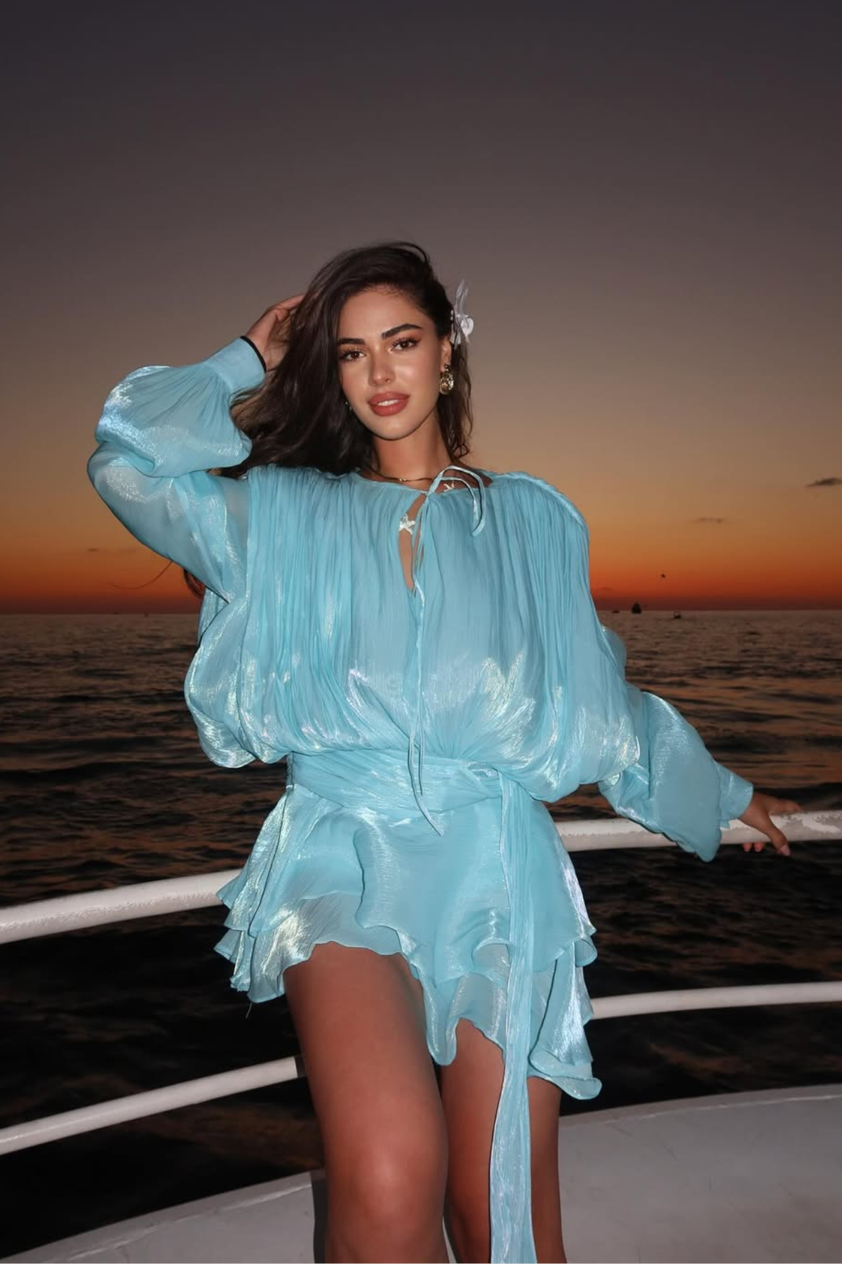 Aminah Balloon Sleeve Ruch Ruffle Mini Dress In Baby Blue