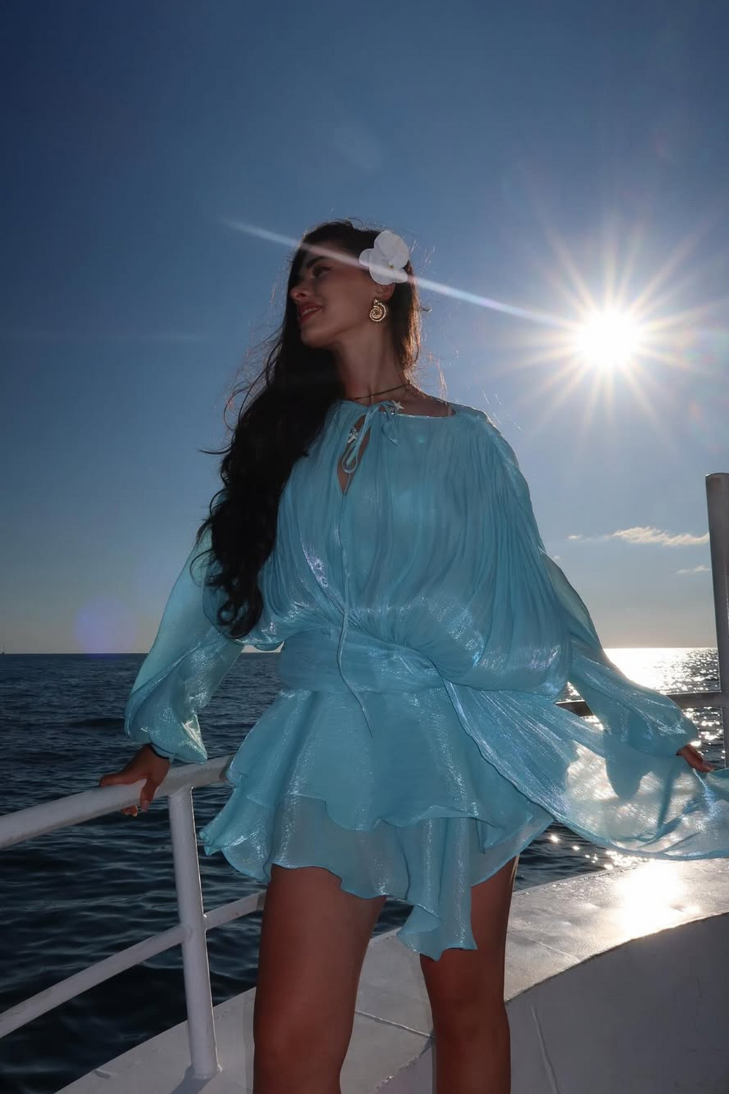 Aminah Balloon Sleeve Ruch Ruffle Mini Dress In Baby Blue