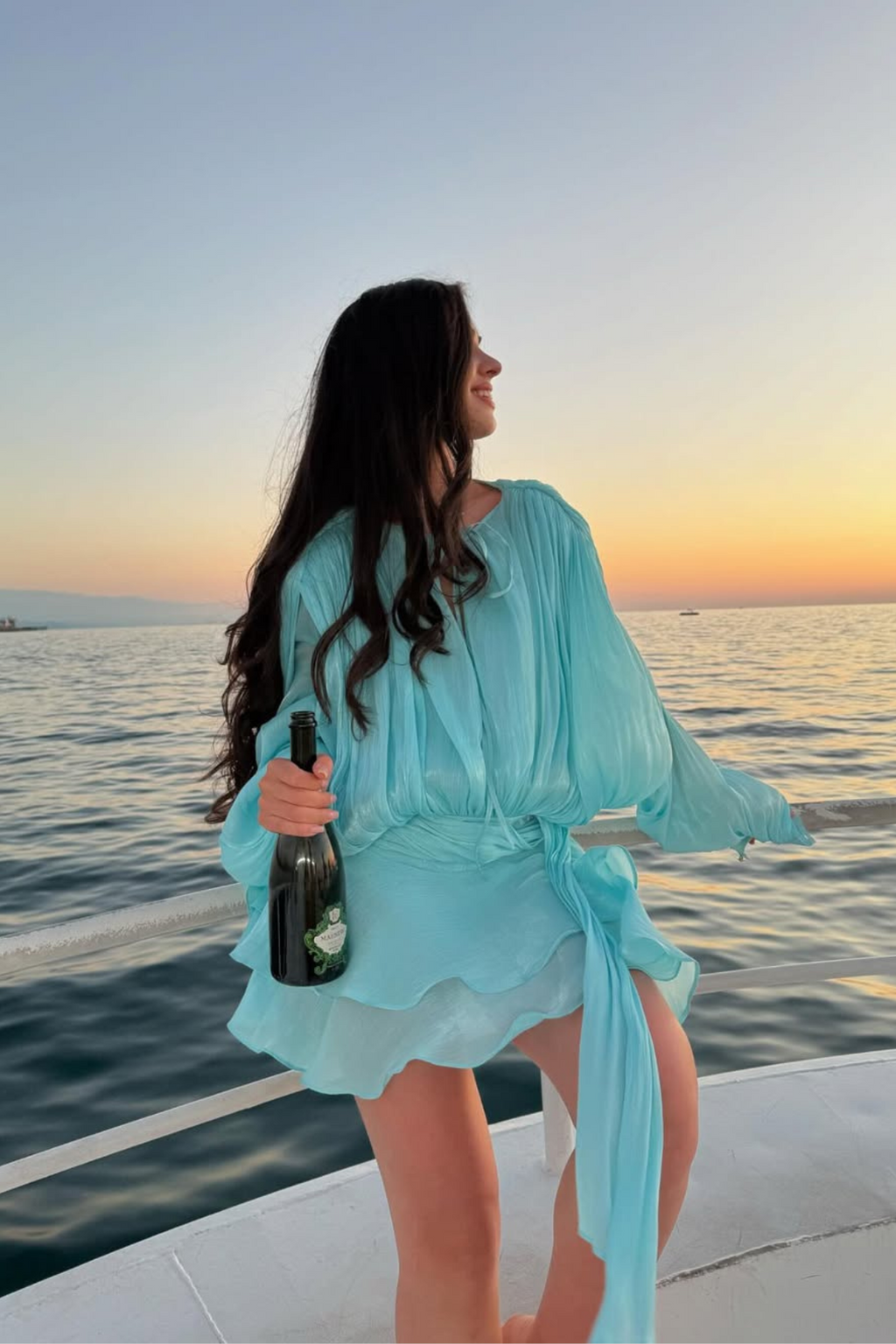 Aminah Balloon Sleeve Ruch Ruffle Mini Dress In Baby Blue