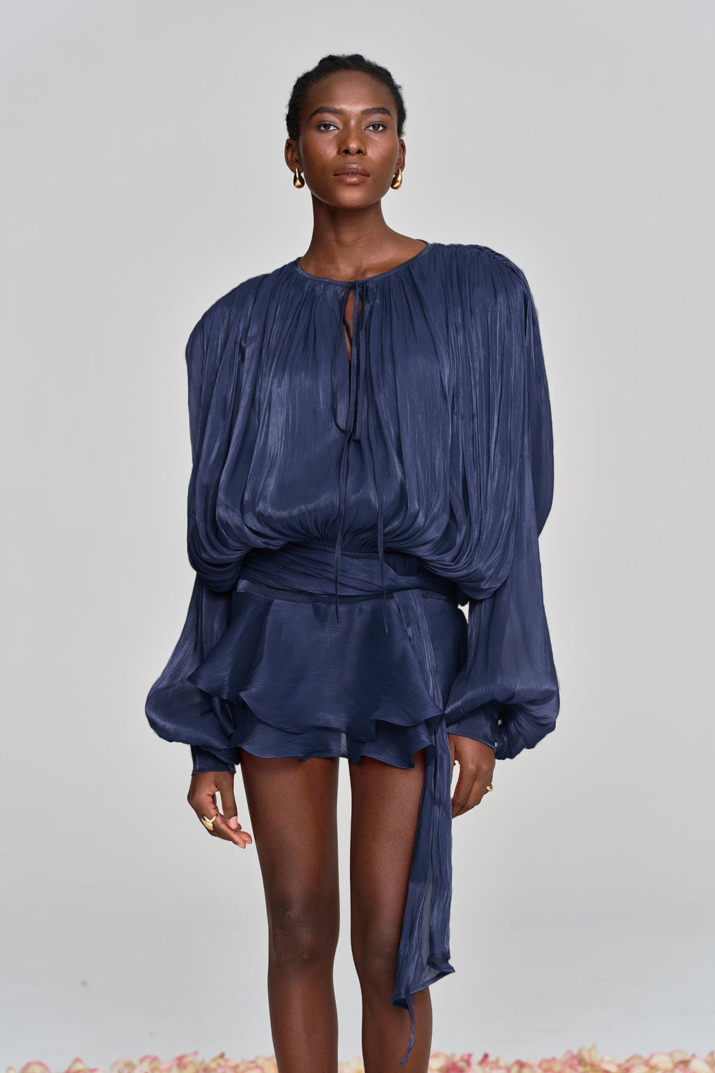 Aminah Balloon Sleeve Ruch Ruffle Mini Dress In Deep Blue