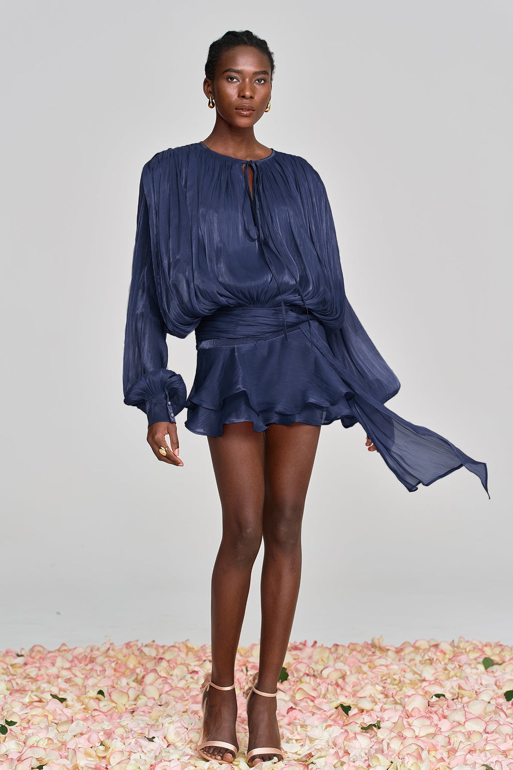 Aminah Balloon Sleeve Ruch Ruffle Mini Dress In Deep Blue