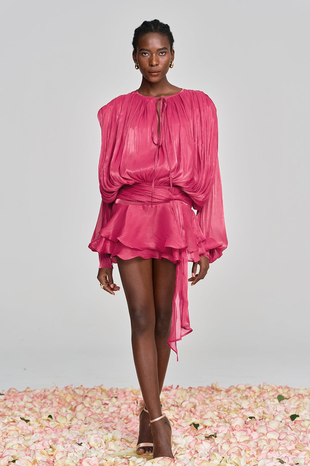 Aminah Balloon Sleeve Ruch Ruffle Mini Dress In Rose Red