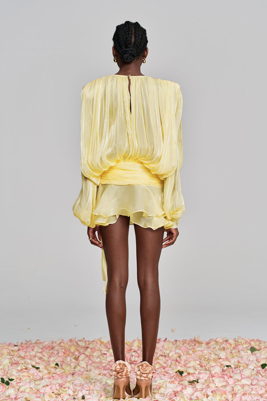 Aminah Balloon Sleeve Ruch Ruffle Mini Dress In Yellow