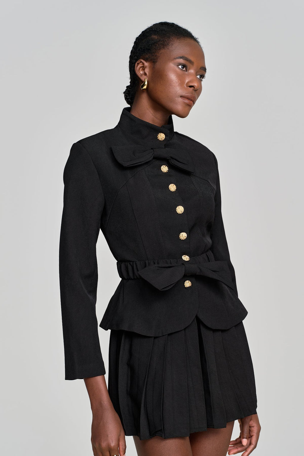 Aminali Bow Button Ruch Skirt Set