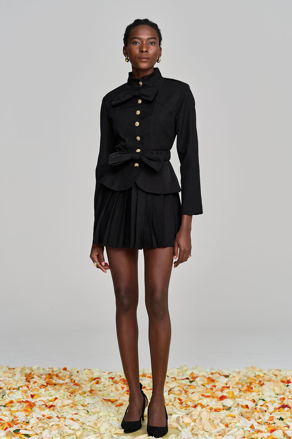 Aminali Bow Button Ruch Skirt Set