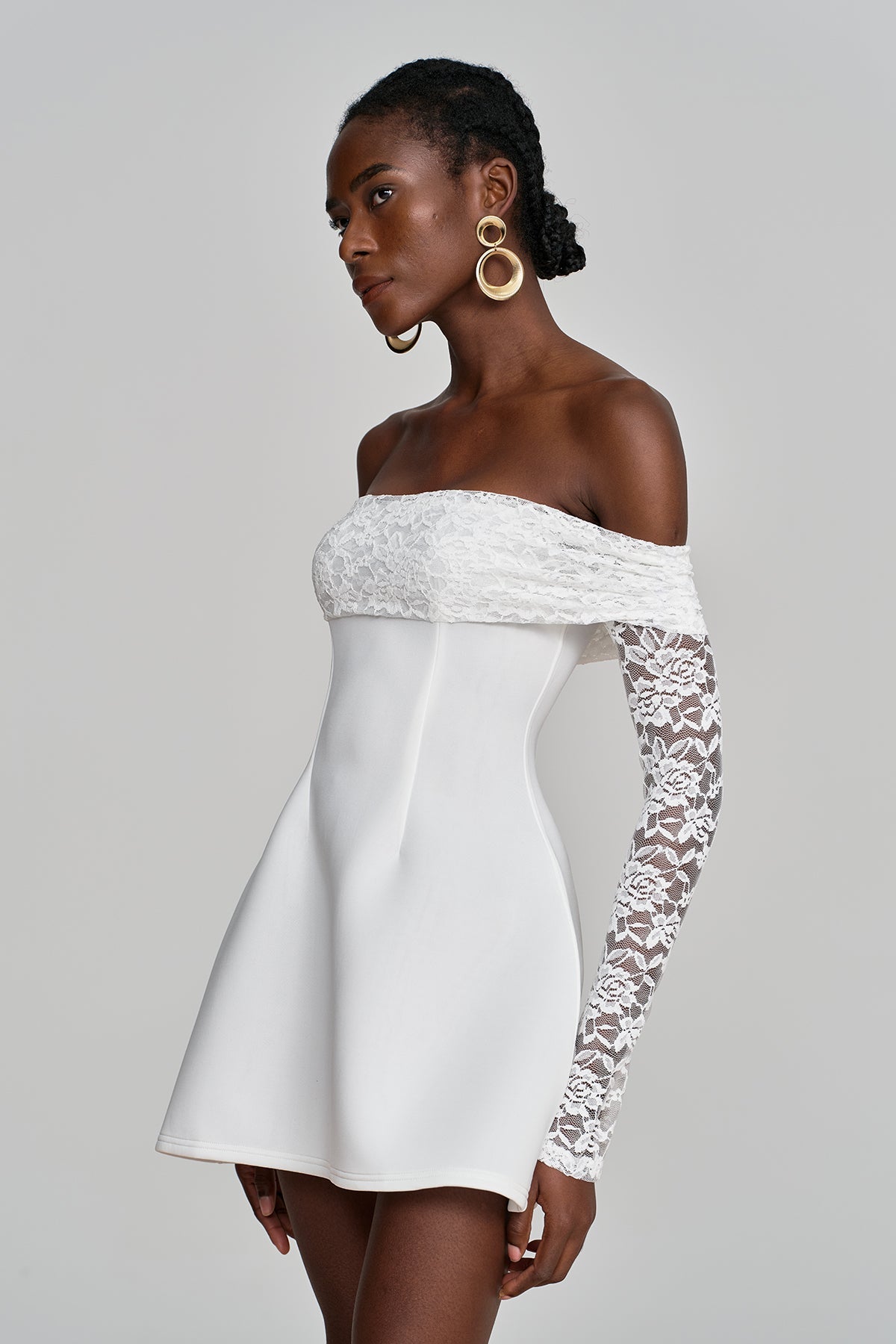 Amira Off Shoulder Lace Ruch Mini Dress