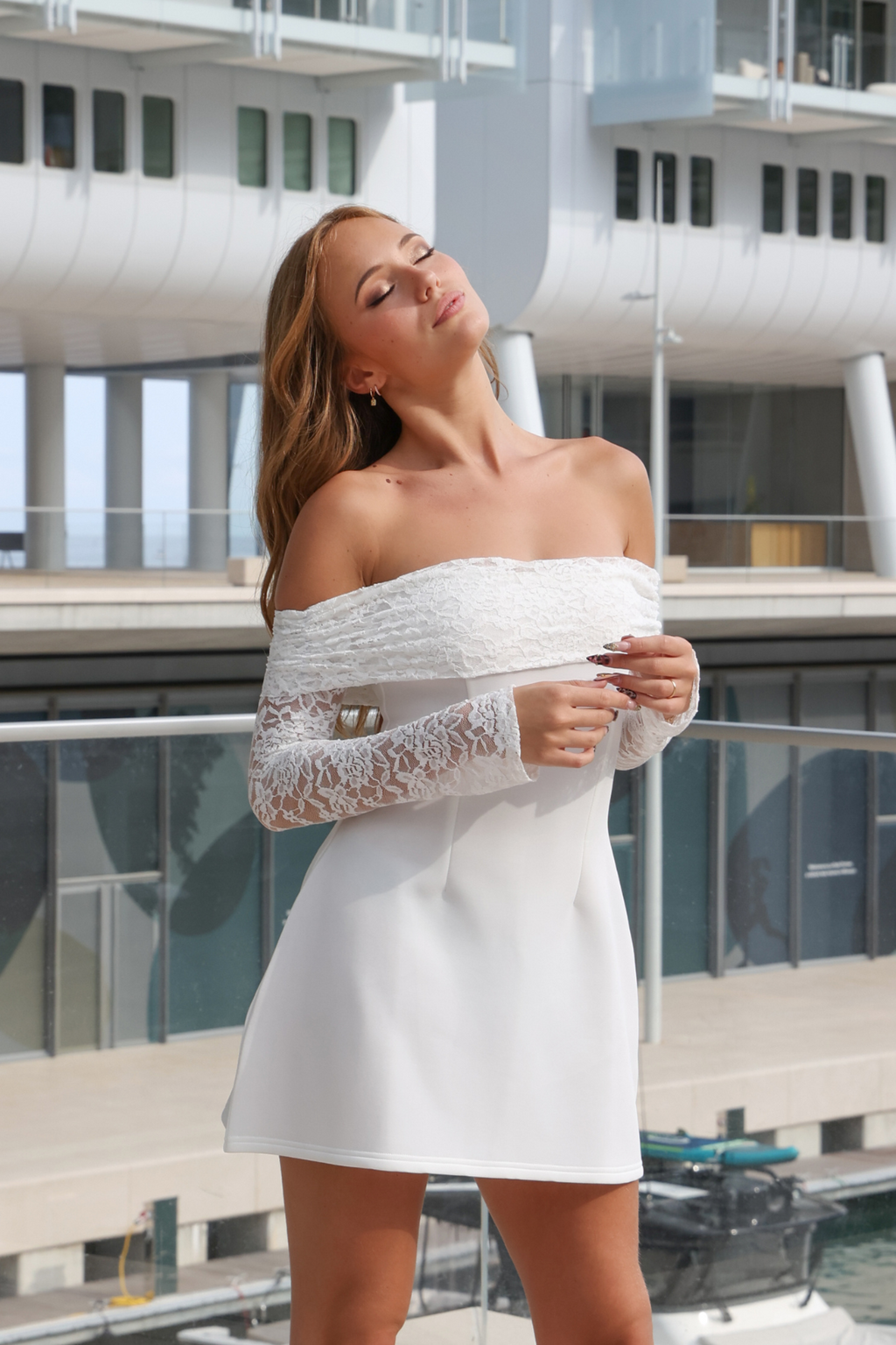 Amira Off Shoulder Lace Ruch Mini Dress