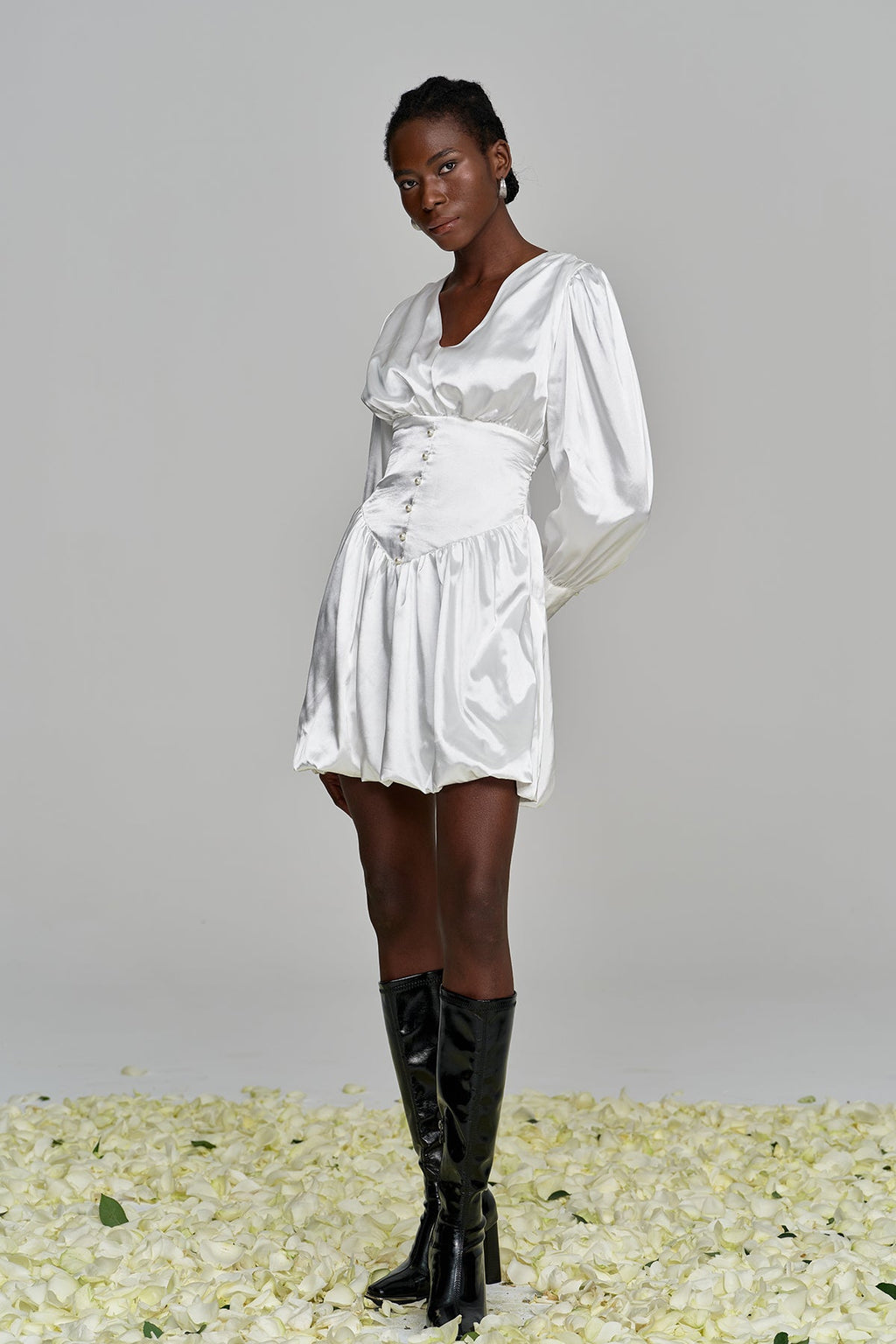 Amita V Neck Ruch Satin Mini Dress