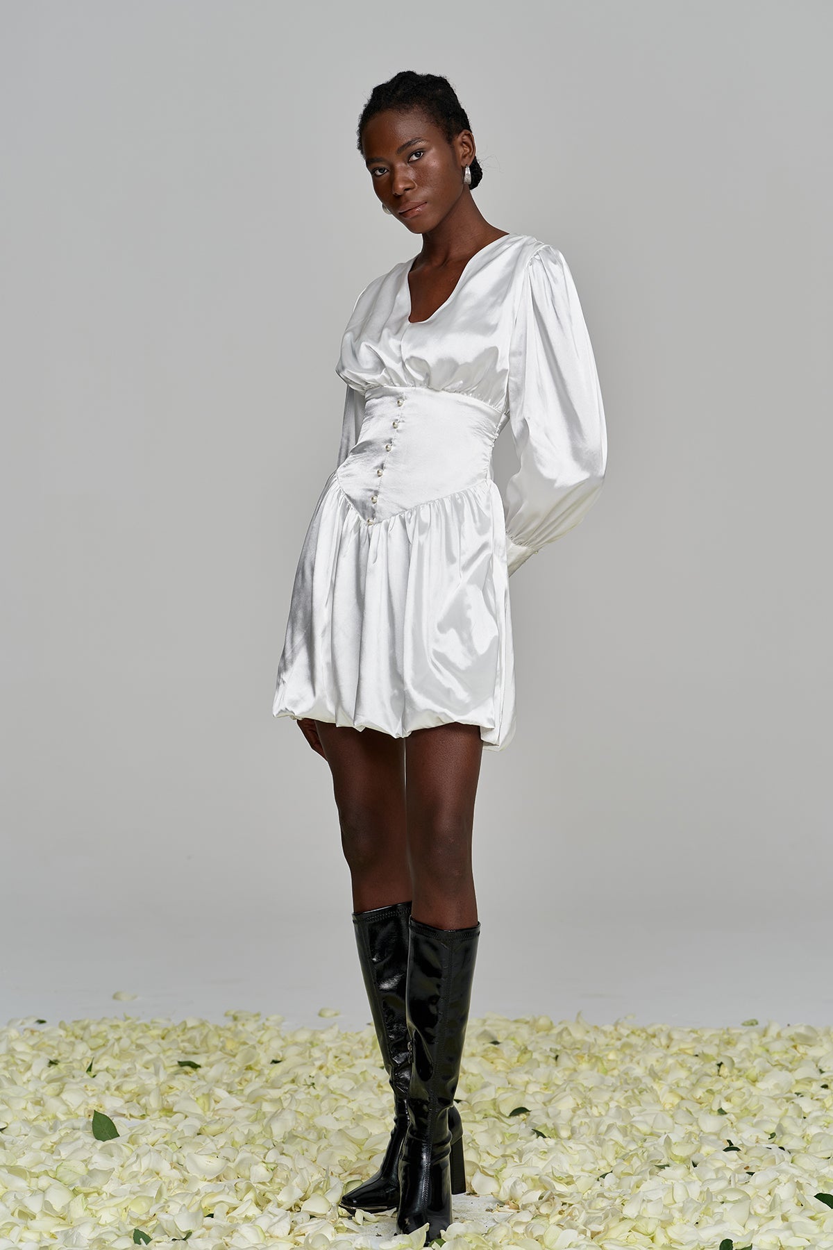 Amita V Neck Ruch Satin Mini Dress