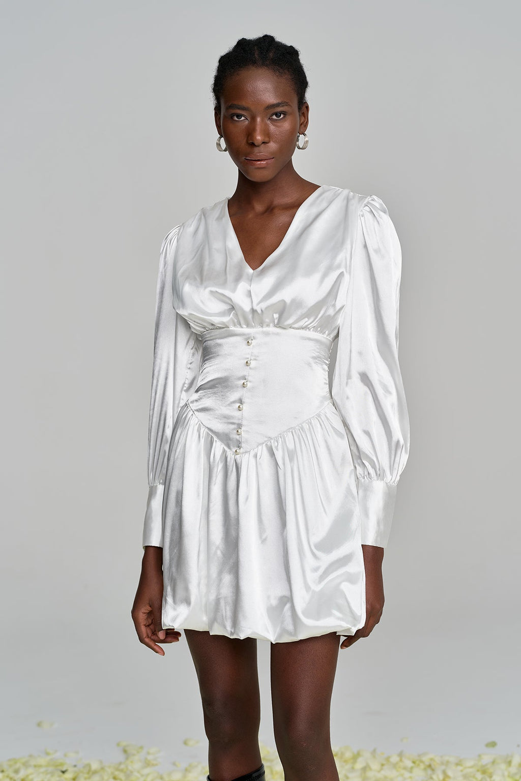 Amita V Neck Ruch Satin Mini Dress