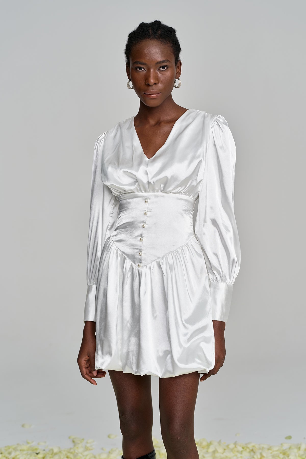 Amita V Neck Ruch Satin Mini Dress