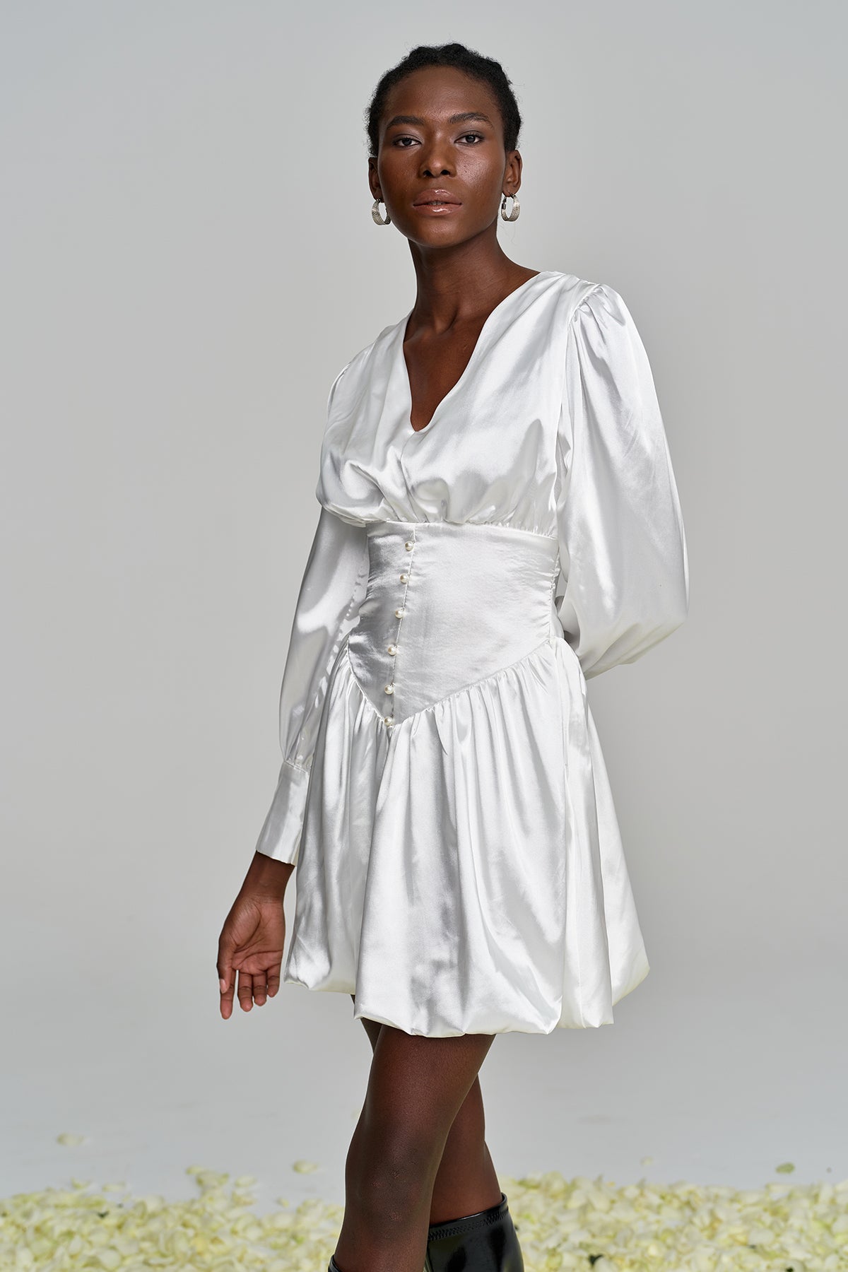 Amita V Neck Ruch Satin Mini Dress