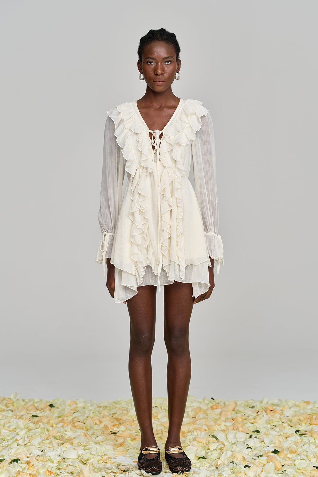 Amitabh Ruffle Lace Up Mesh Mini Dress