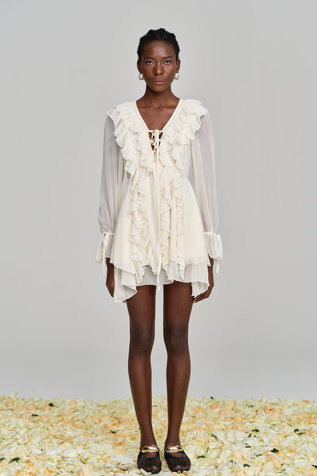 Amitabh Ruffle Lace Up Mesh Mini Dress