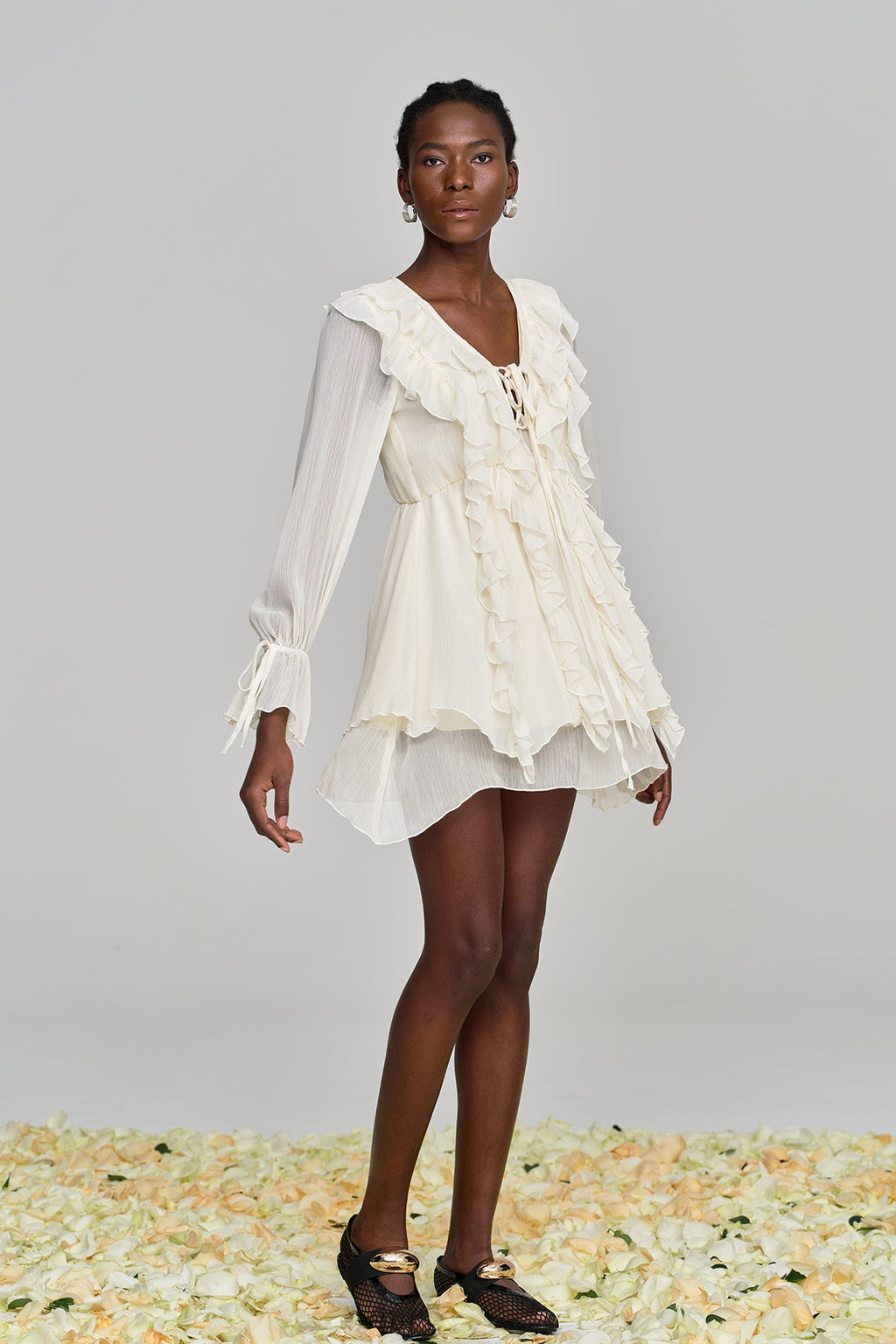 Amitabh Ruffle Lace Up Mesh Mini Dress