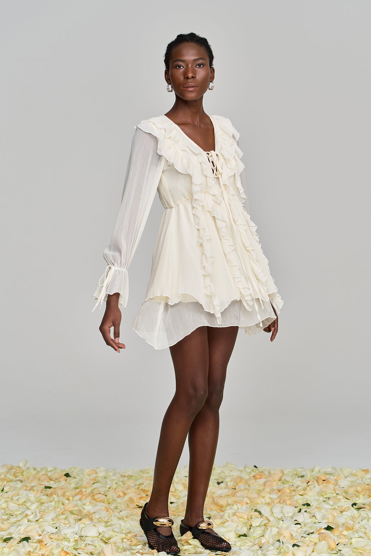 Amitabh Ruffle Lace Up Mesh Mini Dress