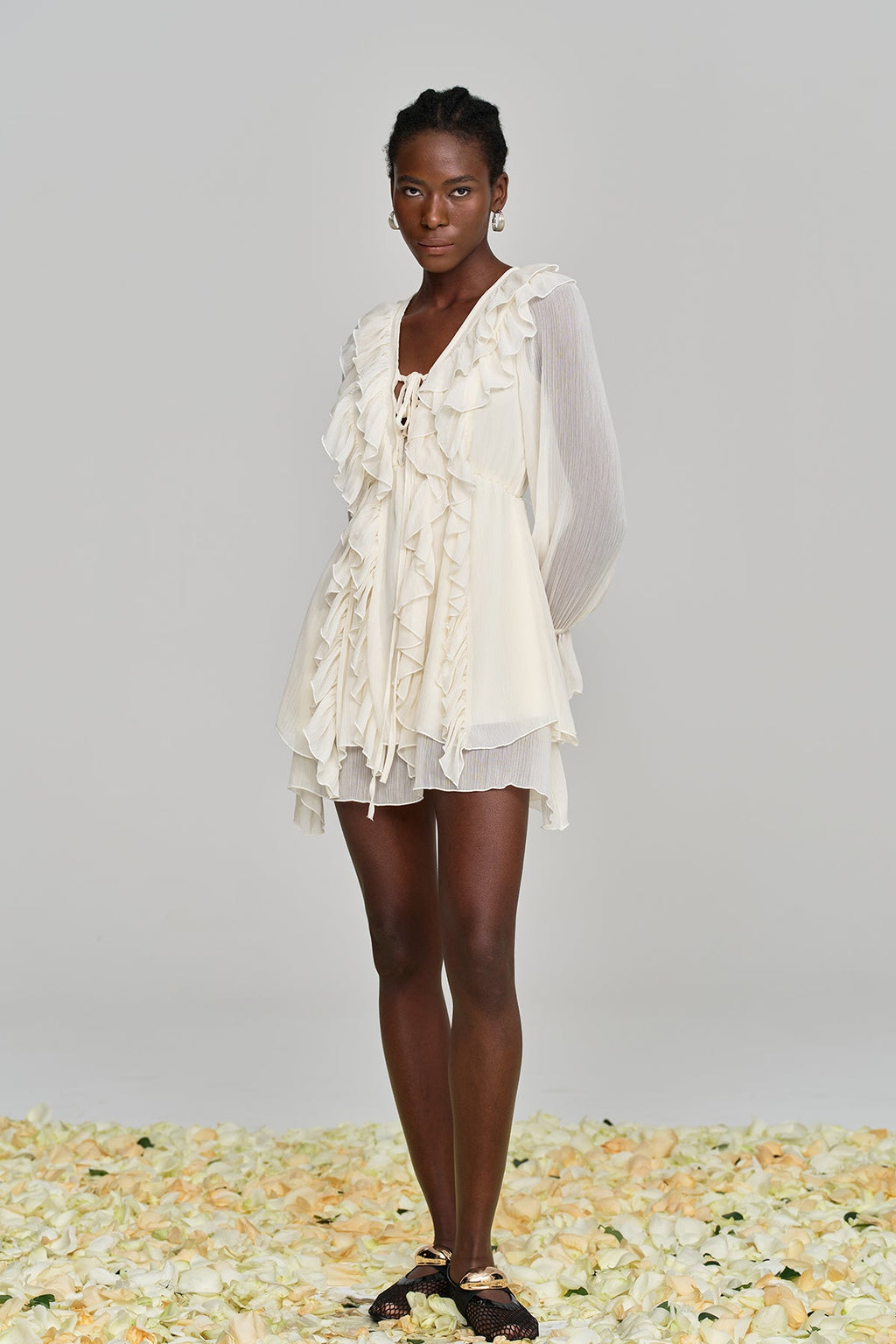 Amitabh Ruffle Lace Up Mesh Mini Dress