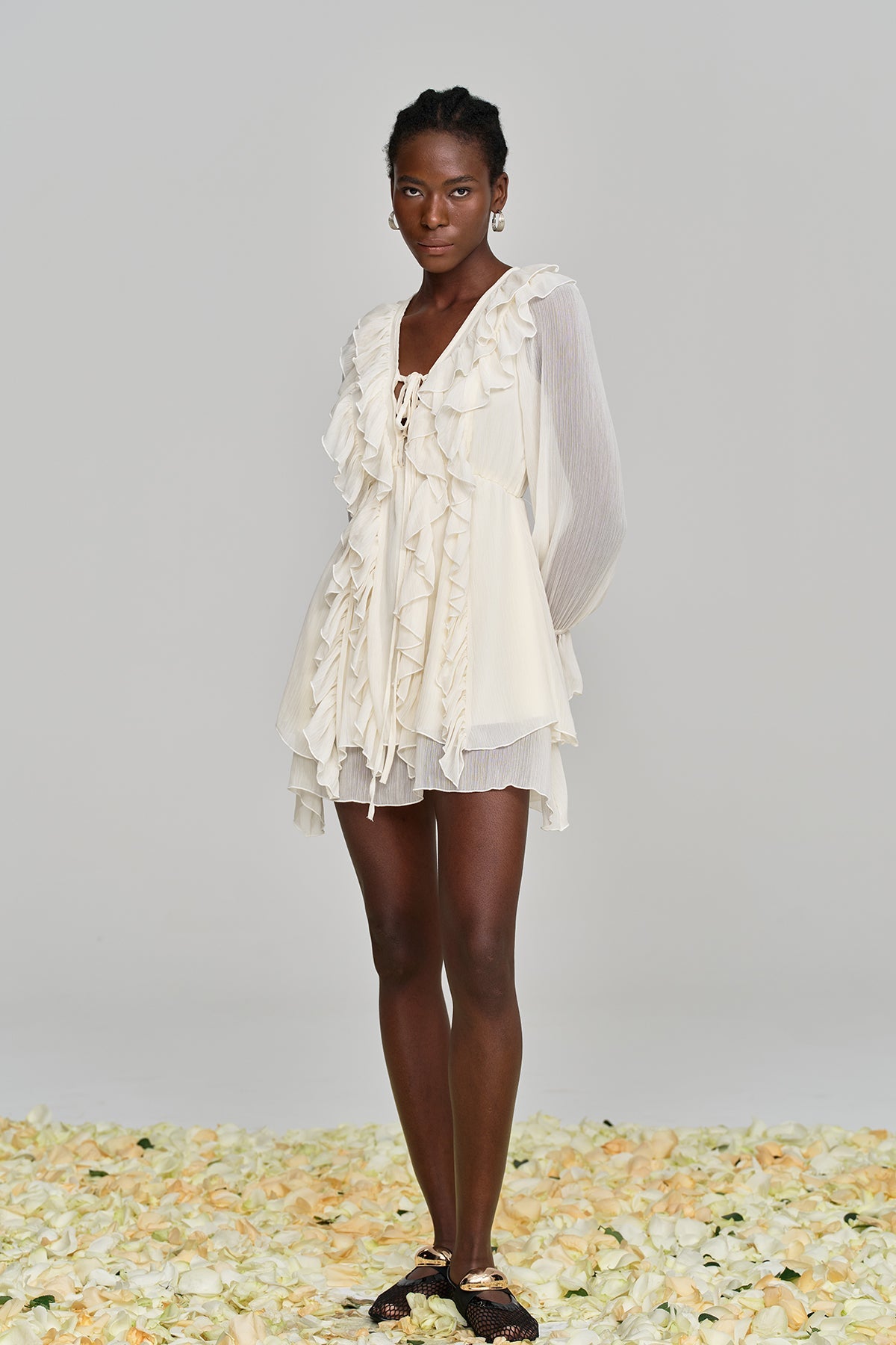 Amitabh Ruffle Lace Up Mesh Mini Dress