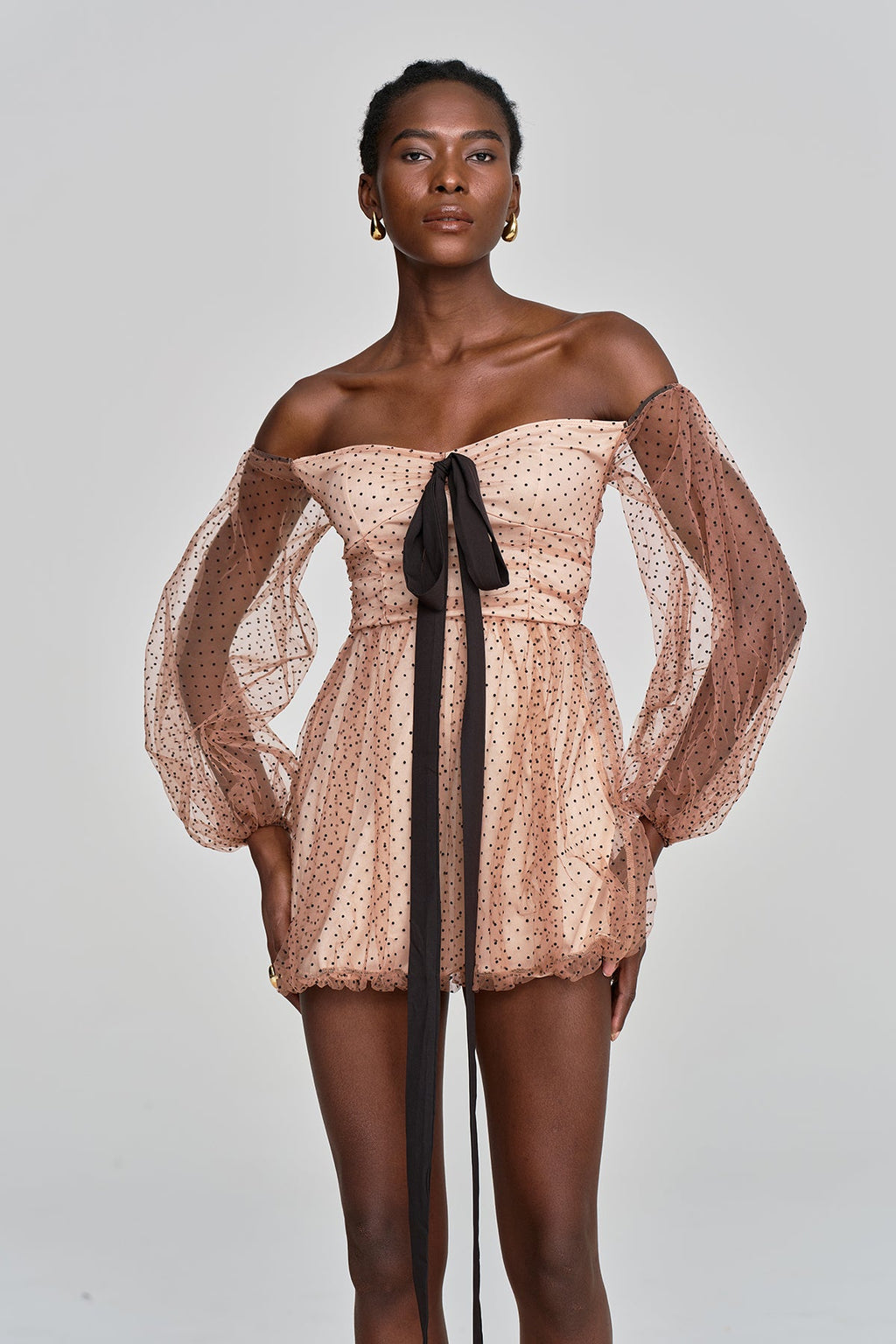 Amittai Mesh Dot Off Shoulder Mini Dress