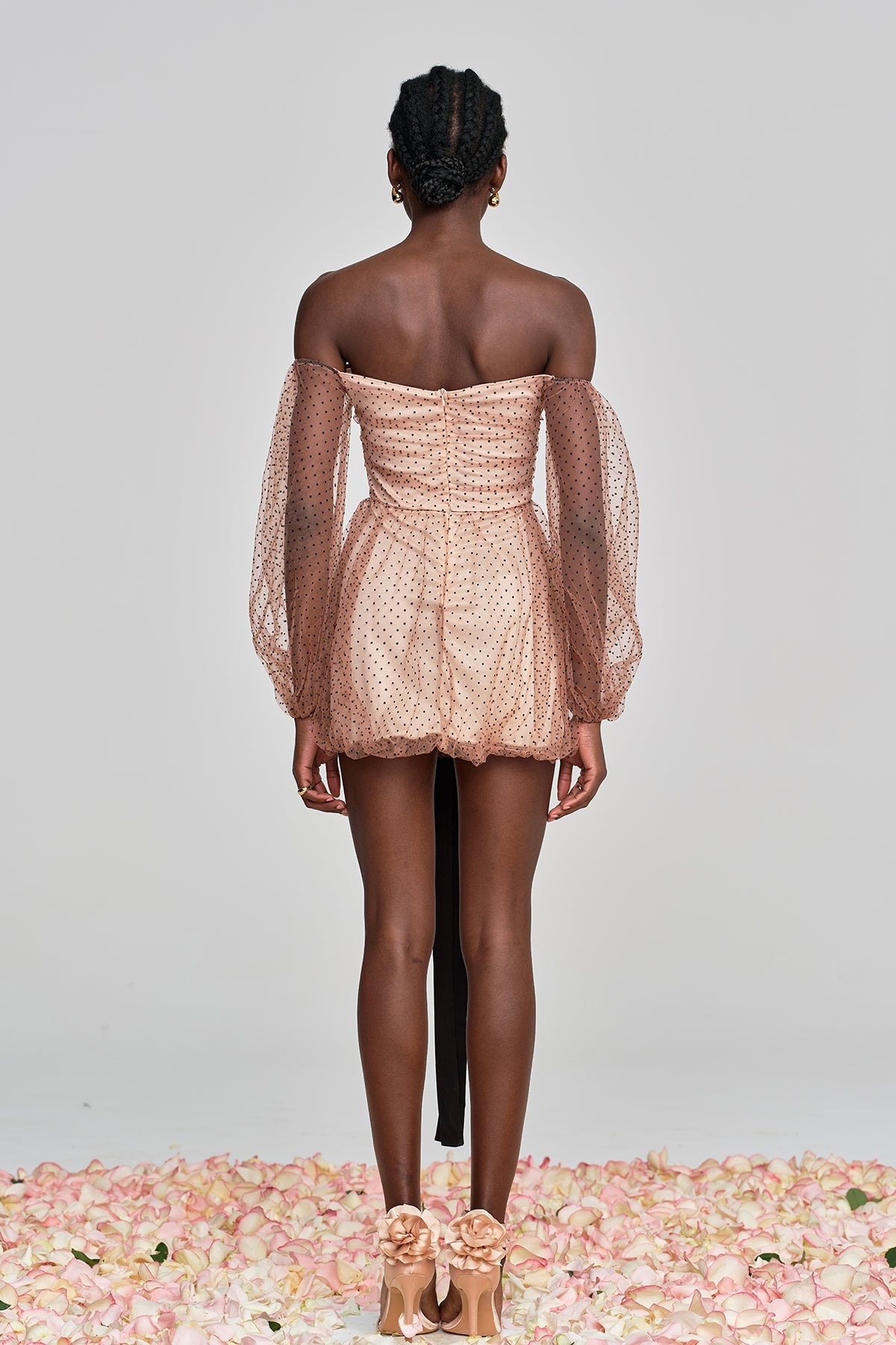 Amittai Mesh Dot Off Shoulder Mini Dress