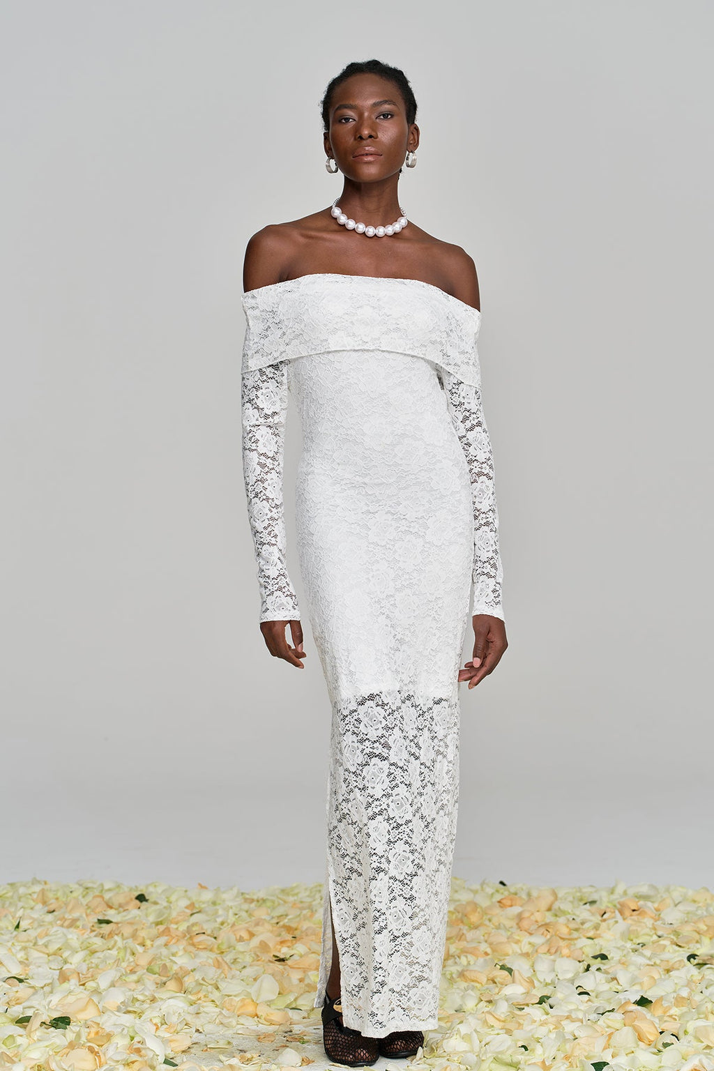 Amjad Floarl Off Shoulder Lace Maxi Dress