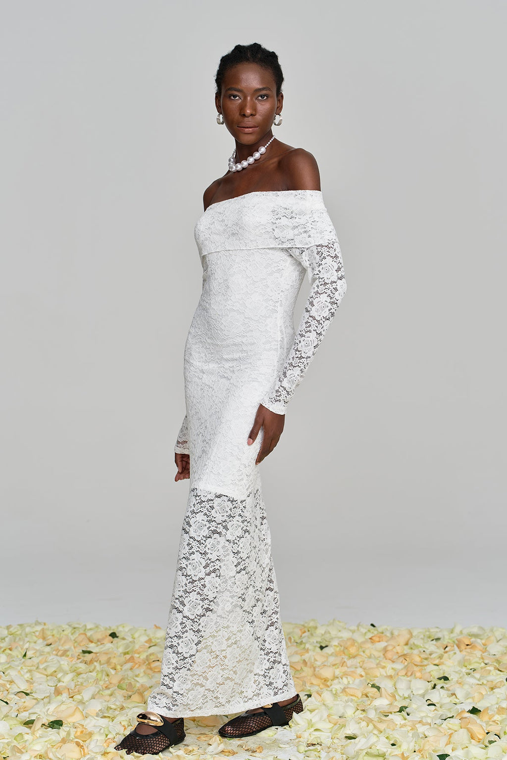 Amjad Floarl Off Shoulder Lace Maxi Dress