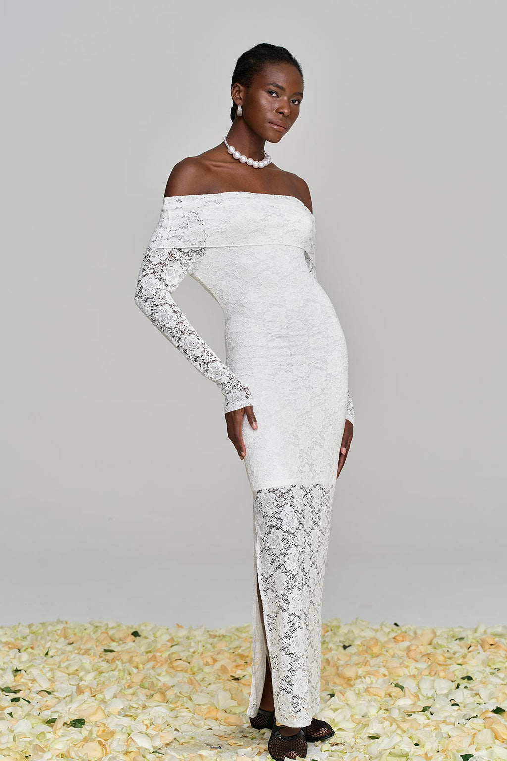 Amjad Floarl Off Shoulder Lace Maxi Dress