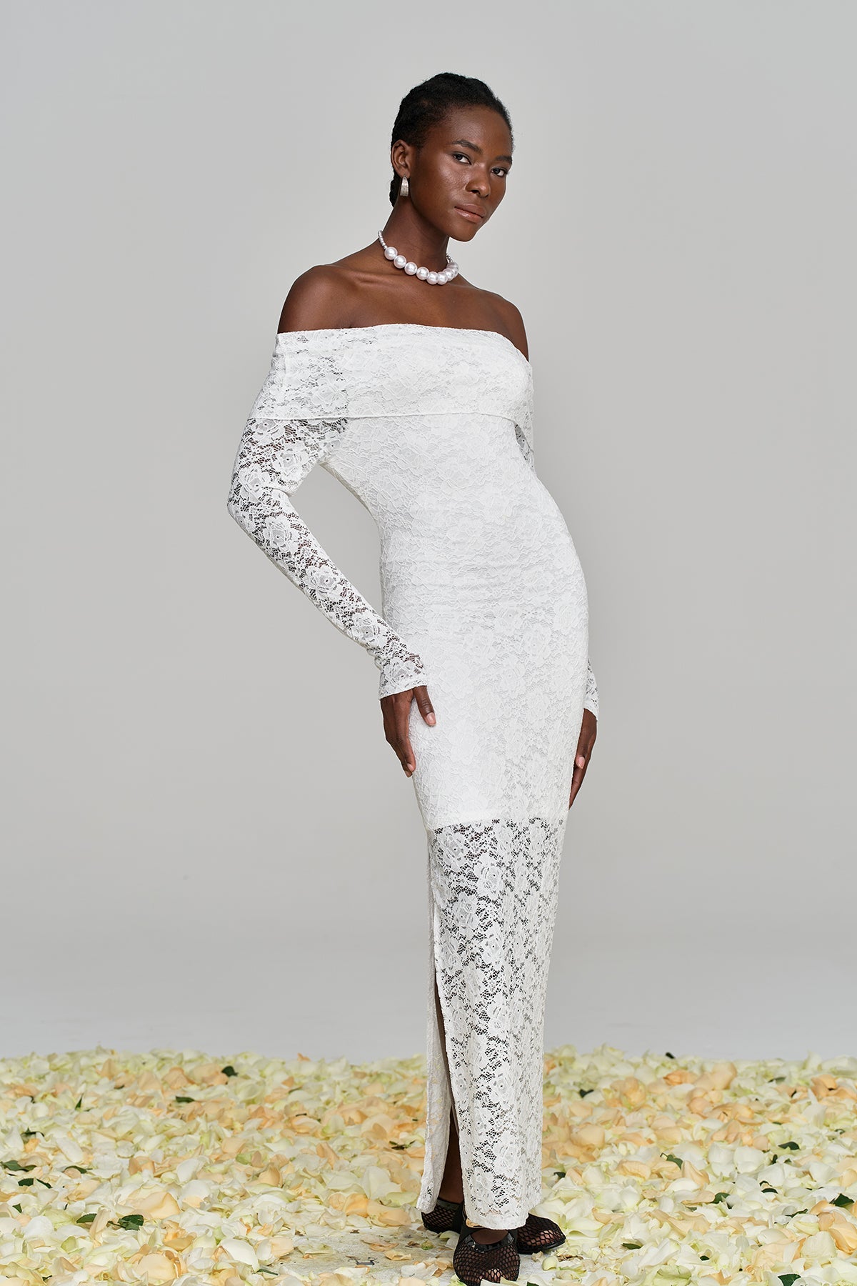 Amjad Floarl Off Shoulder Lace Maxi Dress